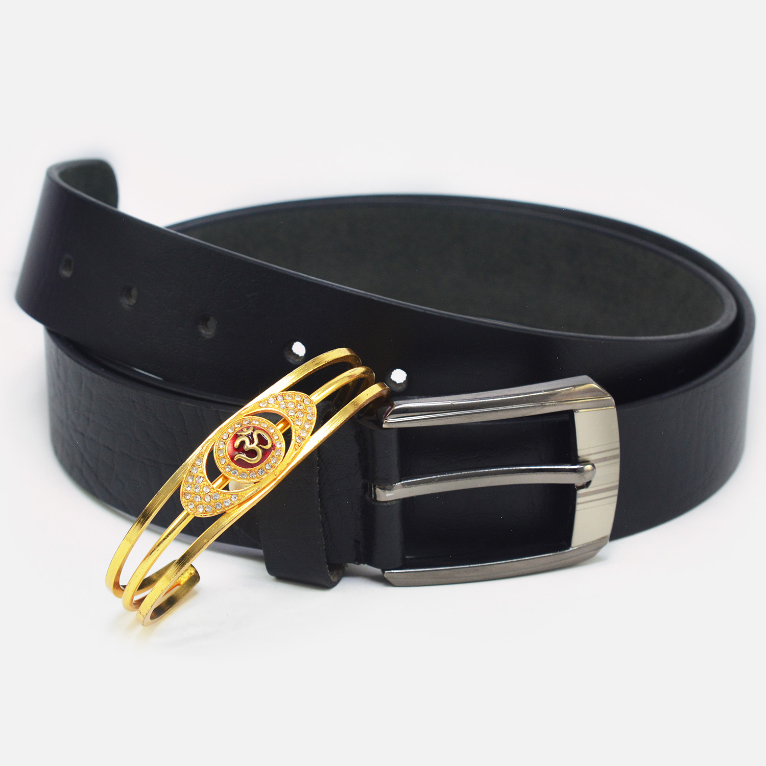 Amazing OM Bracelet with Pure Black Leather Belt for Men 