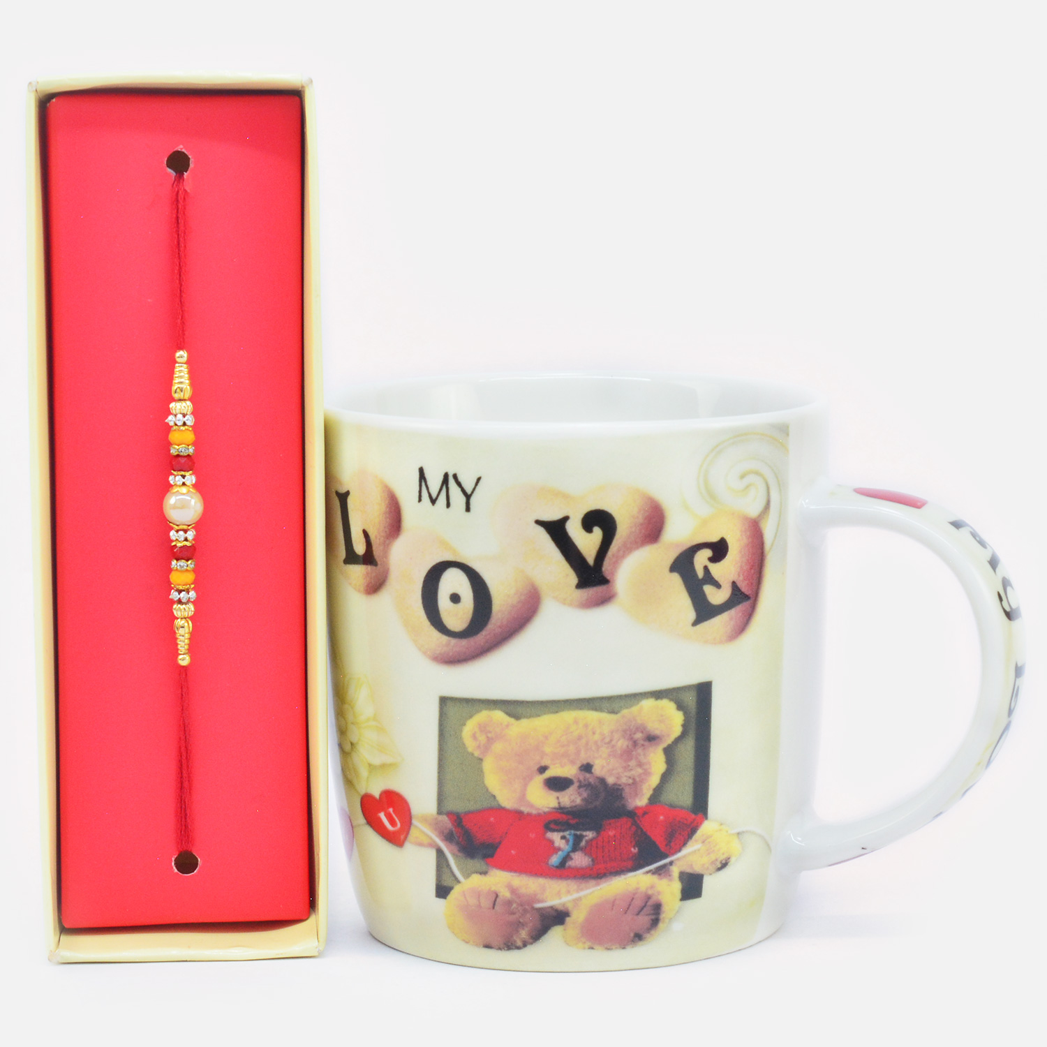Beautiful Multicolor Beads Rakhi with My Love Teddy Printed Ceramic Coffee Mug
