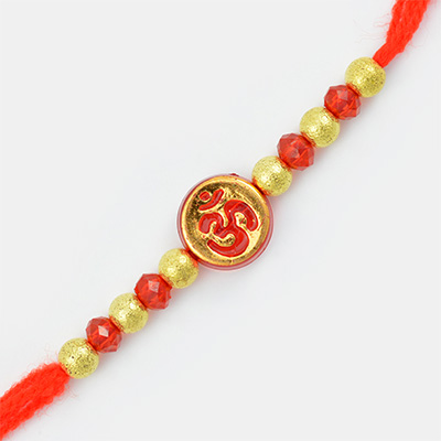 Round Shape Golden Base Red Om mauli Rakhi