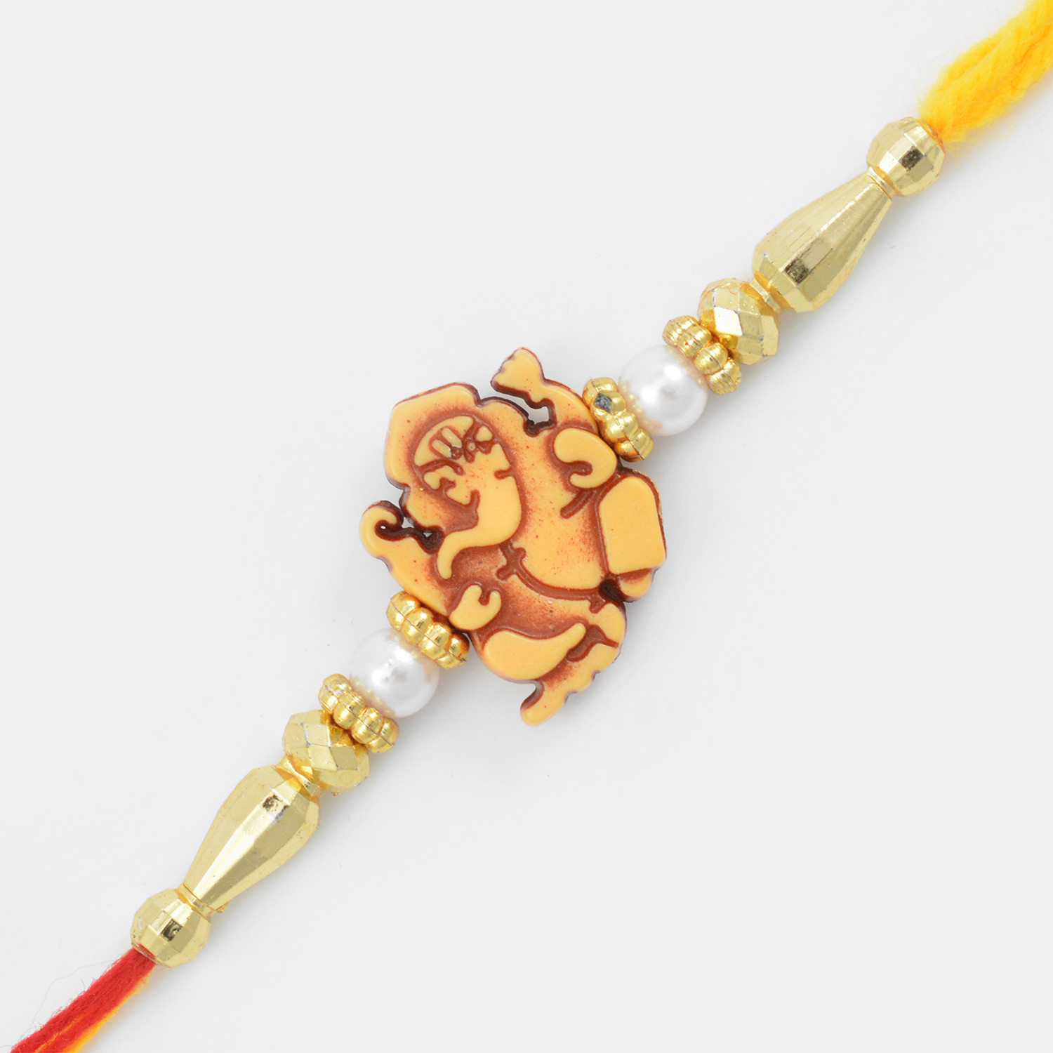 Brown Shaded Central Lord Ganesha Mauli Rakhi with White Pearl and Beads