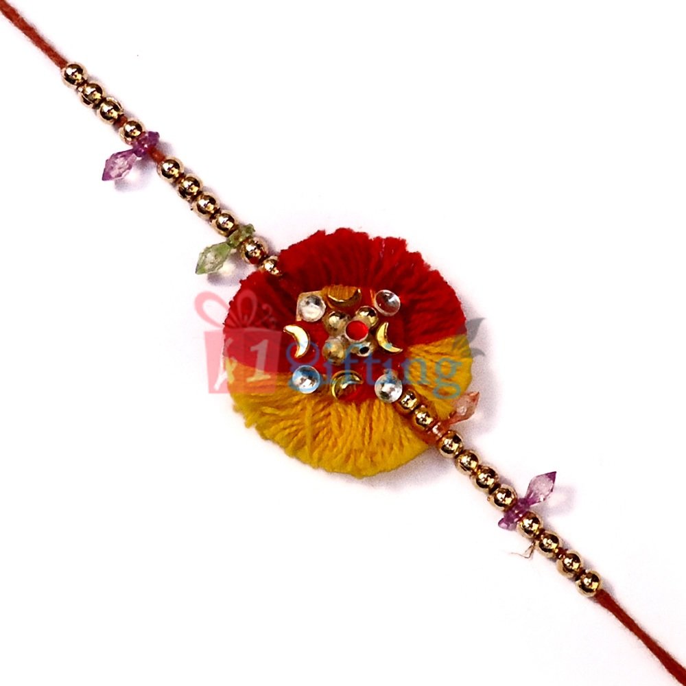 Moli Base Special Golden and Glass Beaded Mouli Rakhi for Brother