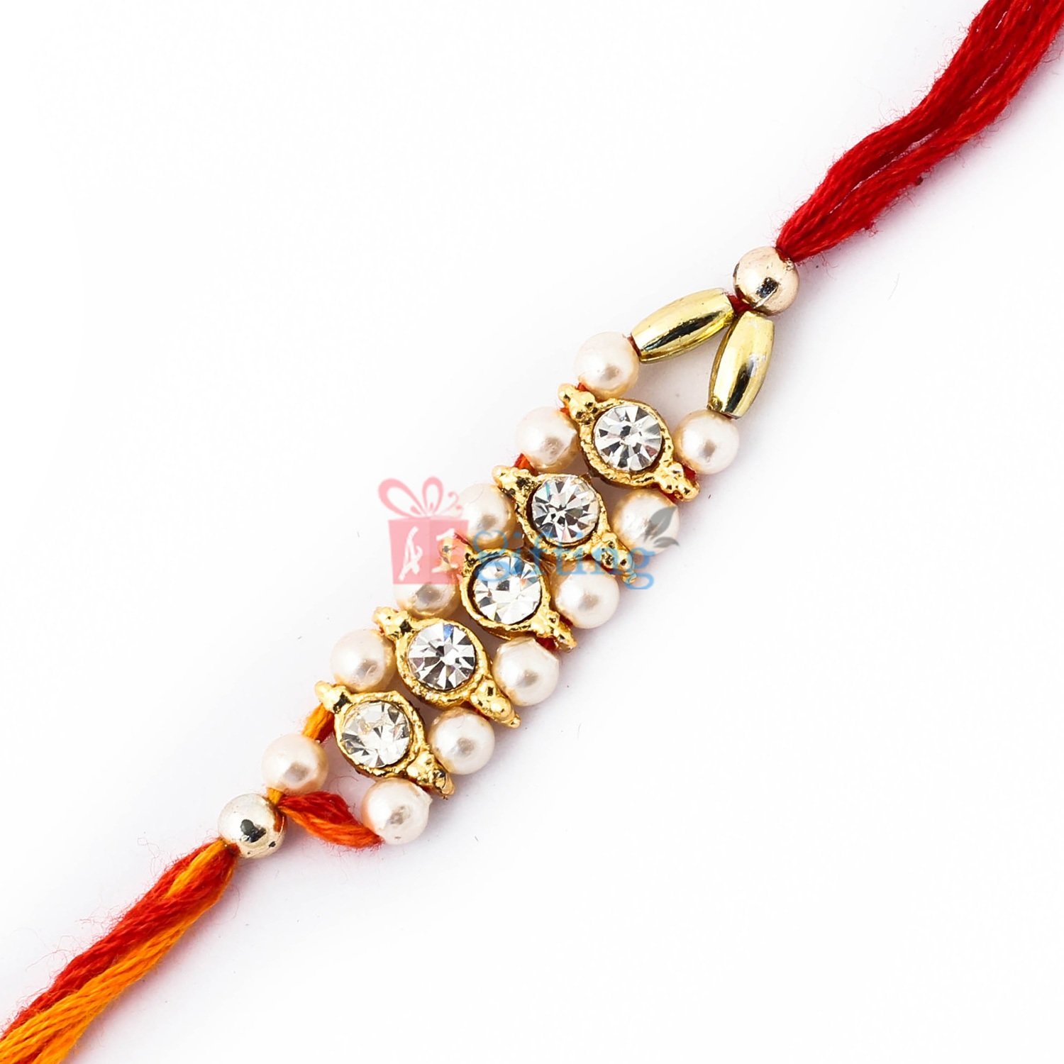 Royal work of diamonds and pearl in two color mauli Rakhi