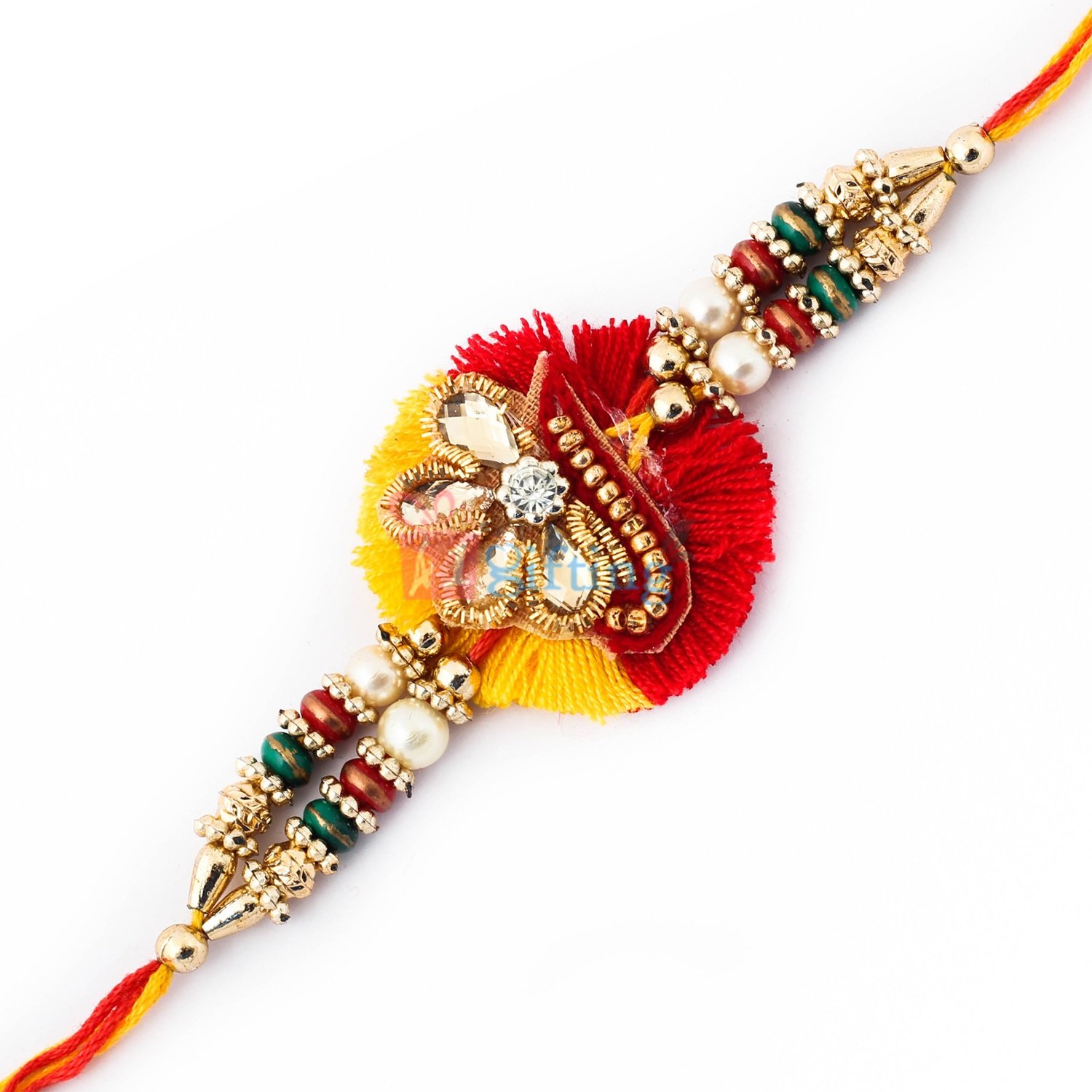 Unique hand crafted kundan work with crystals and pearl in mauli Rakhi