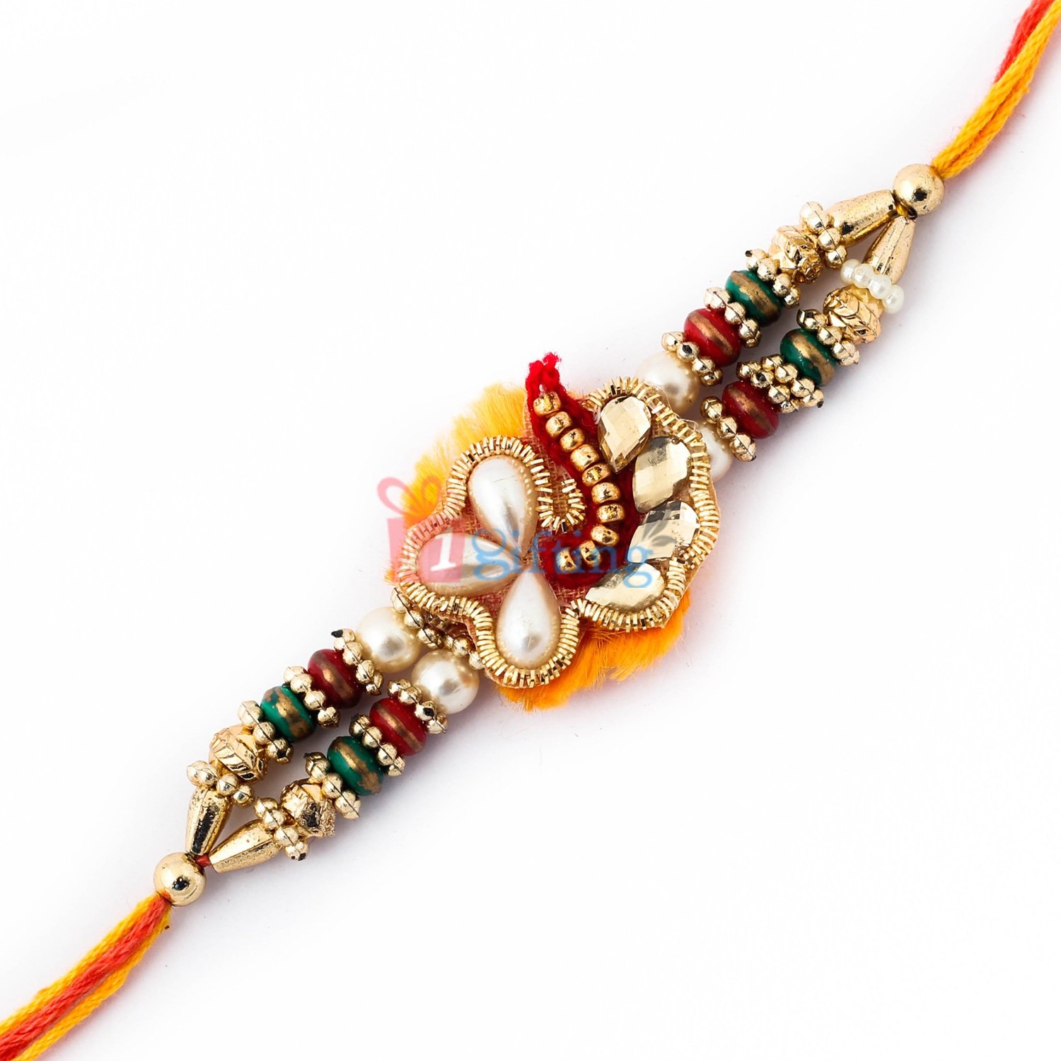 Sparkling mauli Rakhi with pearl and beads