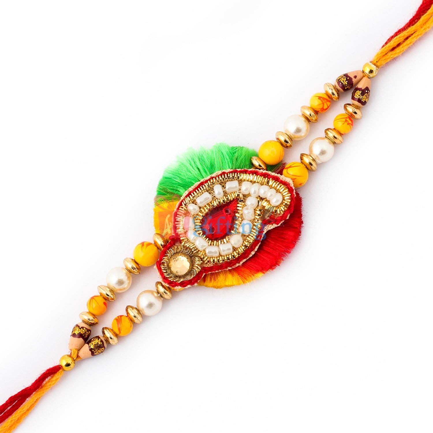 Precious centered ruby with beads mauli Rakhi