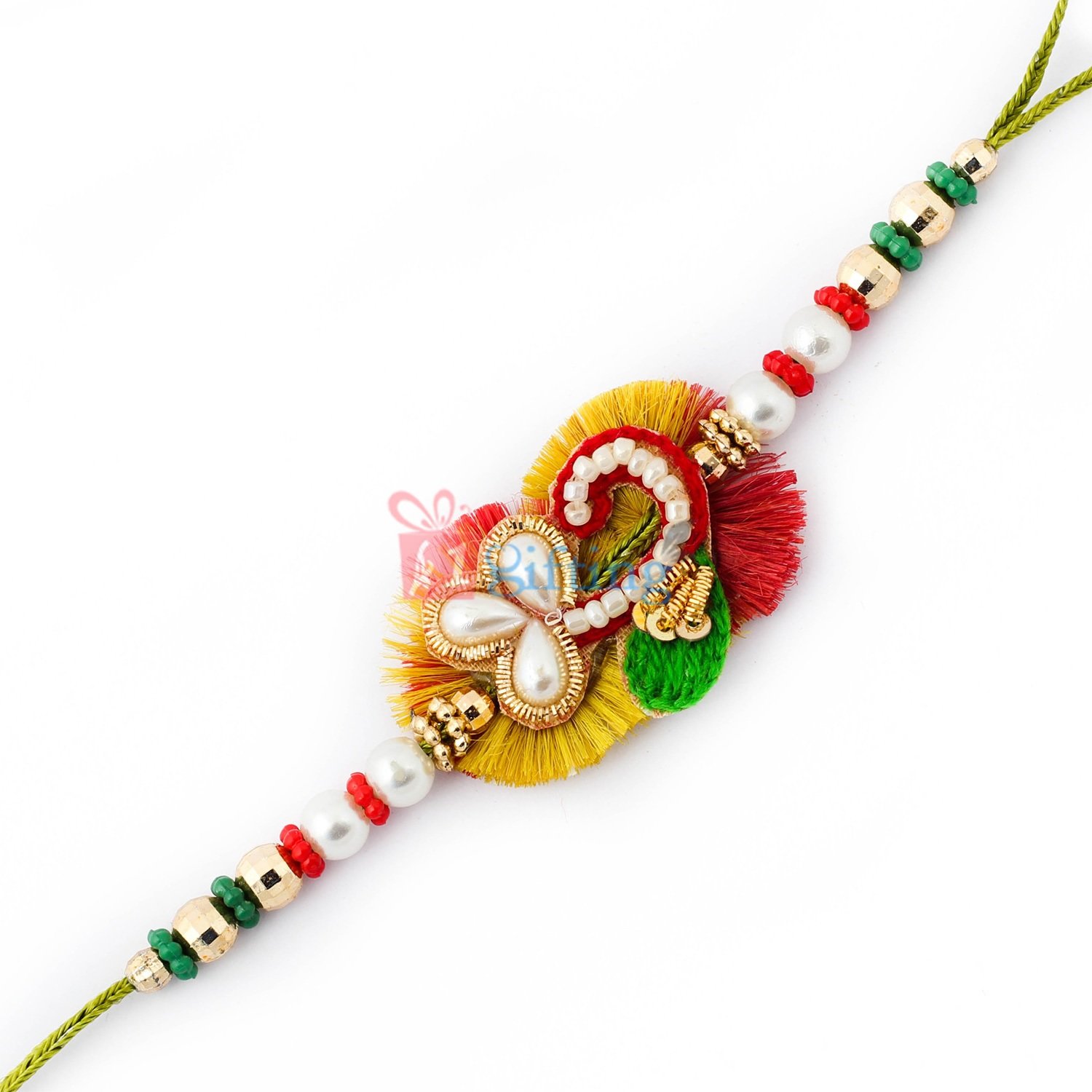 Authentic Rakhi with pearl and kundan work and golden beads