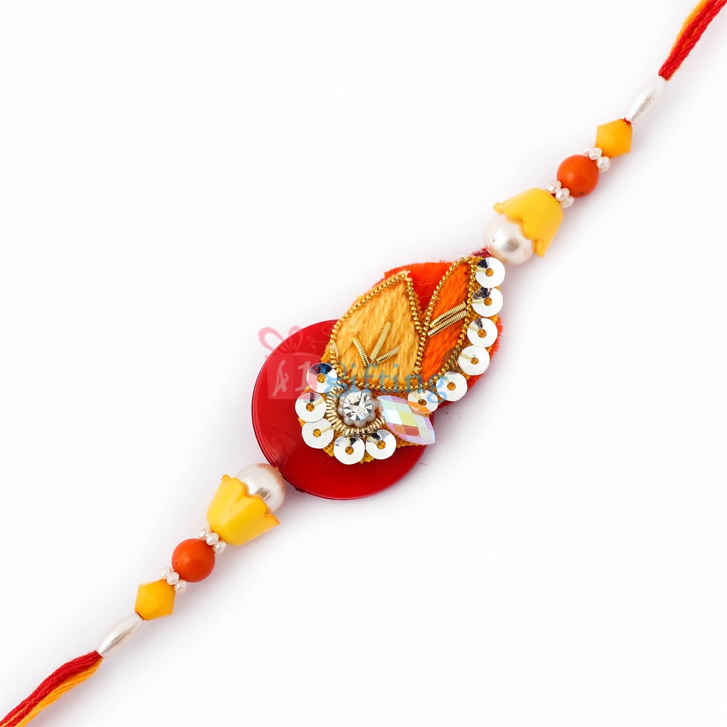 Veritable Rakhi with red base and beads in mauli Rakhi
