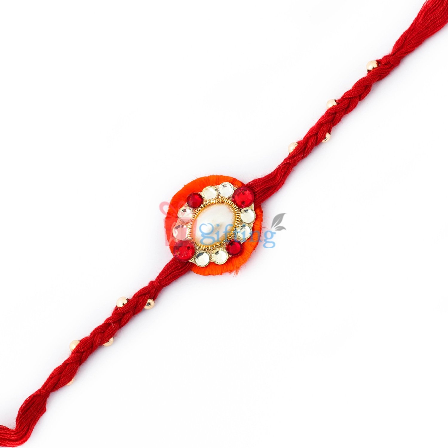 Exceptional fancy pearl, red and white crystal Rakhi with golden beads