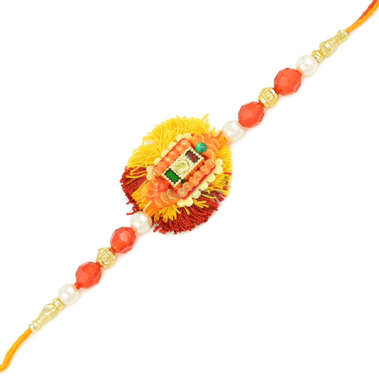 Yellow and Red Mauli Base Rakhi with Red Beads and Pearl