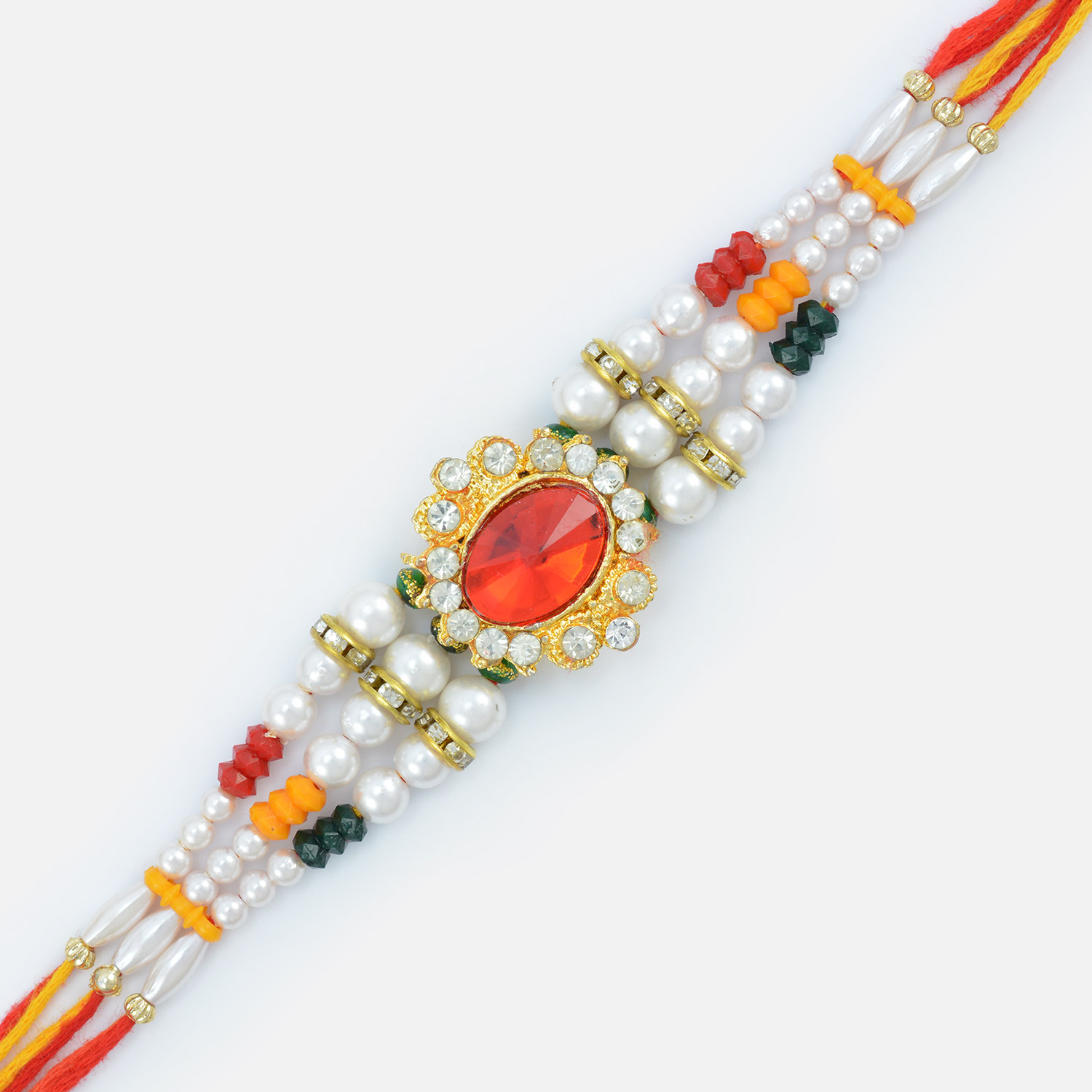 Pearl Emphasized with Ruby and Beads Rakhi for Brother