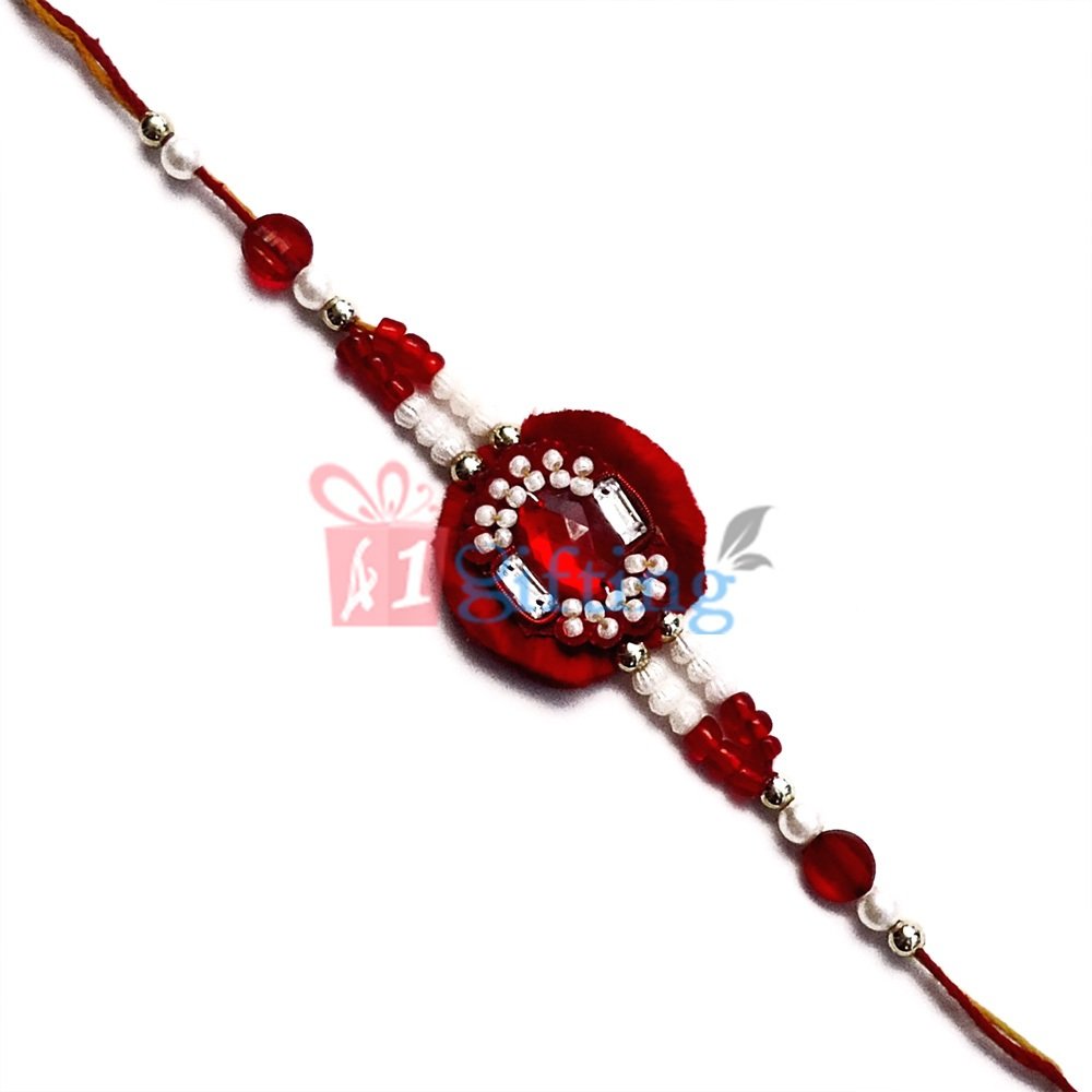 Red and White Pearl and Glass Beads Mauli Rakhi with Satin Work