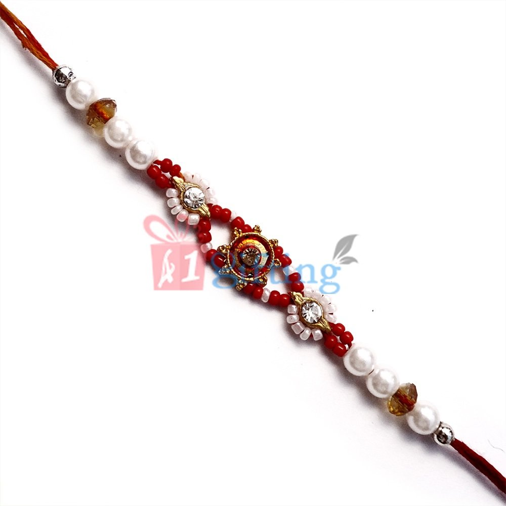 Magnificent Looking Red and White Pearl Beads Rakhi with Golden Work