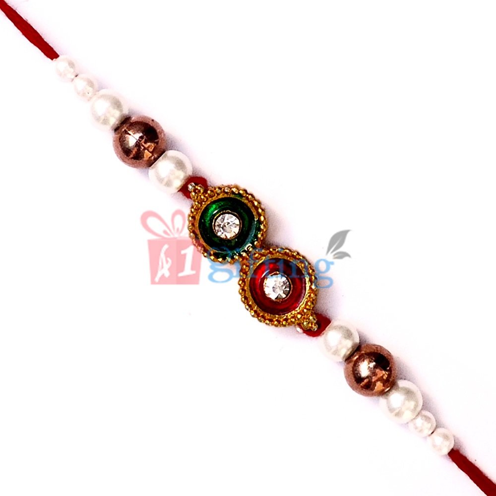 Double Golden ad Diamond Central Beads Rakhi with Pearls