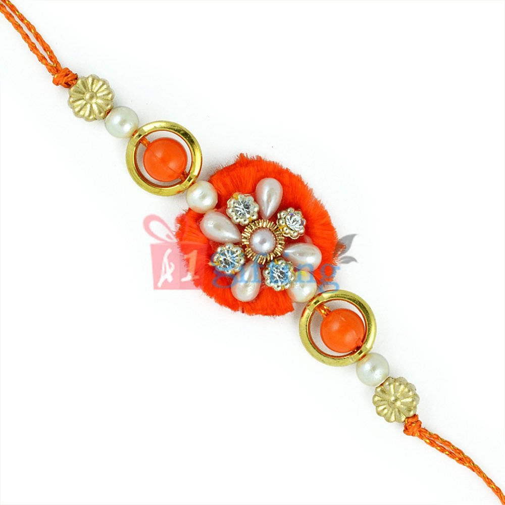 Stylish Looking Pearl Rakhi with Multi-color Beads, Diamonds and Satin