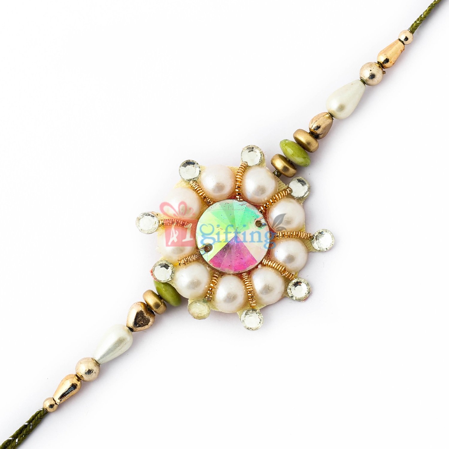 Royal pearl art with colorful centered crystal Rakhi for Brother