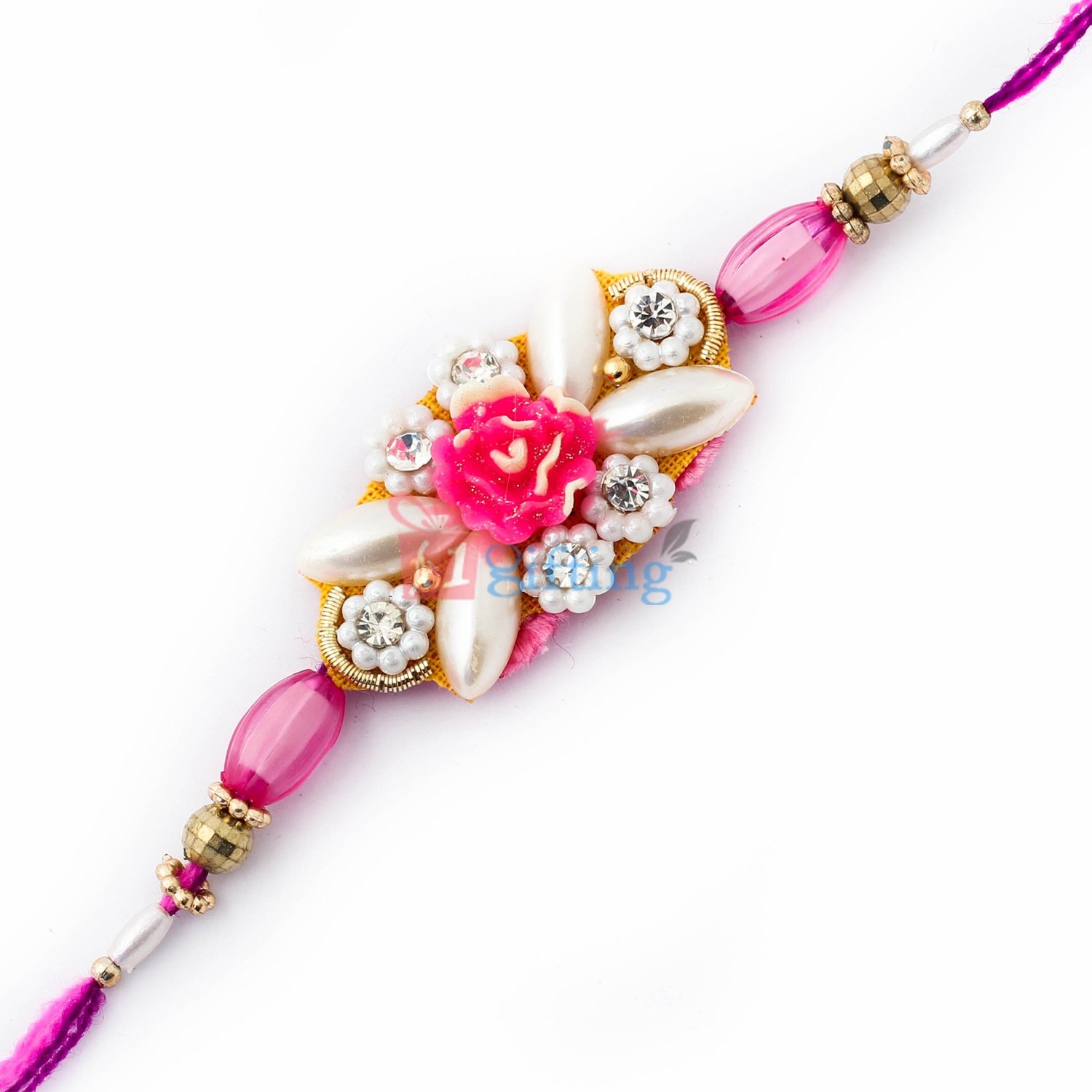 Refreshing color of pink and pearl with diamond mauli Rakhi