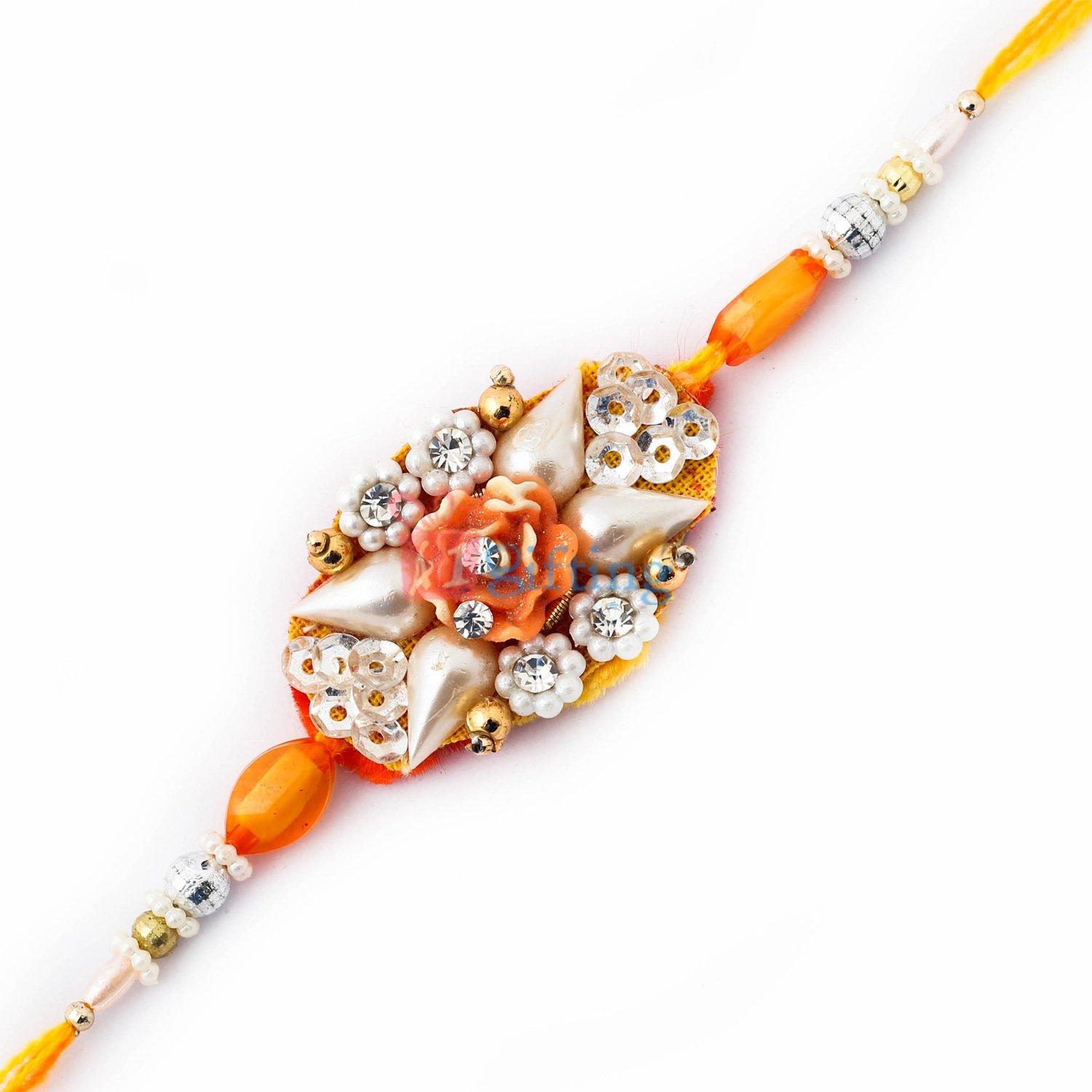 Orange Rakhi with pearl and diamonds touch 