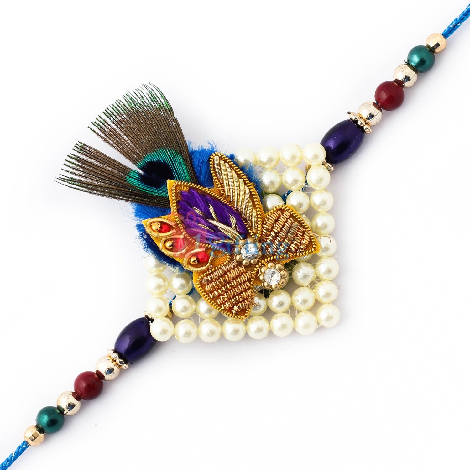 Auspicious pearl Rakhi with peacock feather for Brother