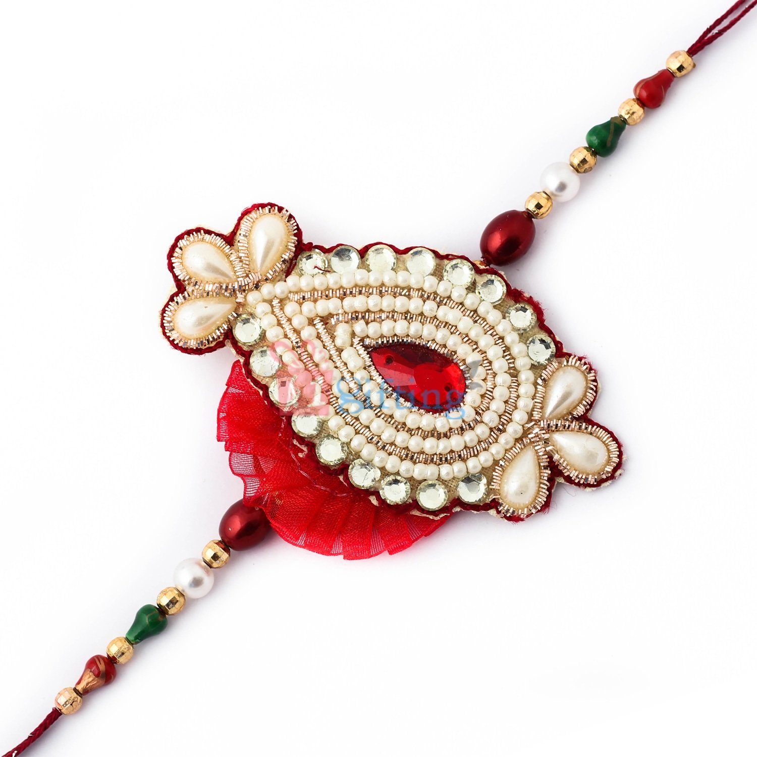 Pearl Emphasized with ruby and beads Rakhi for Brother
