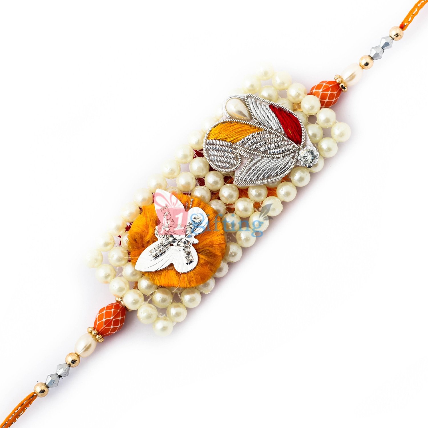 Bond of creativity with pearl and butterfly and zari work Rakhi