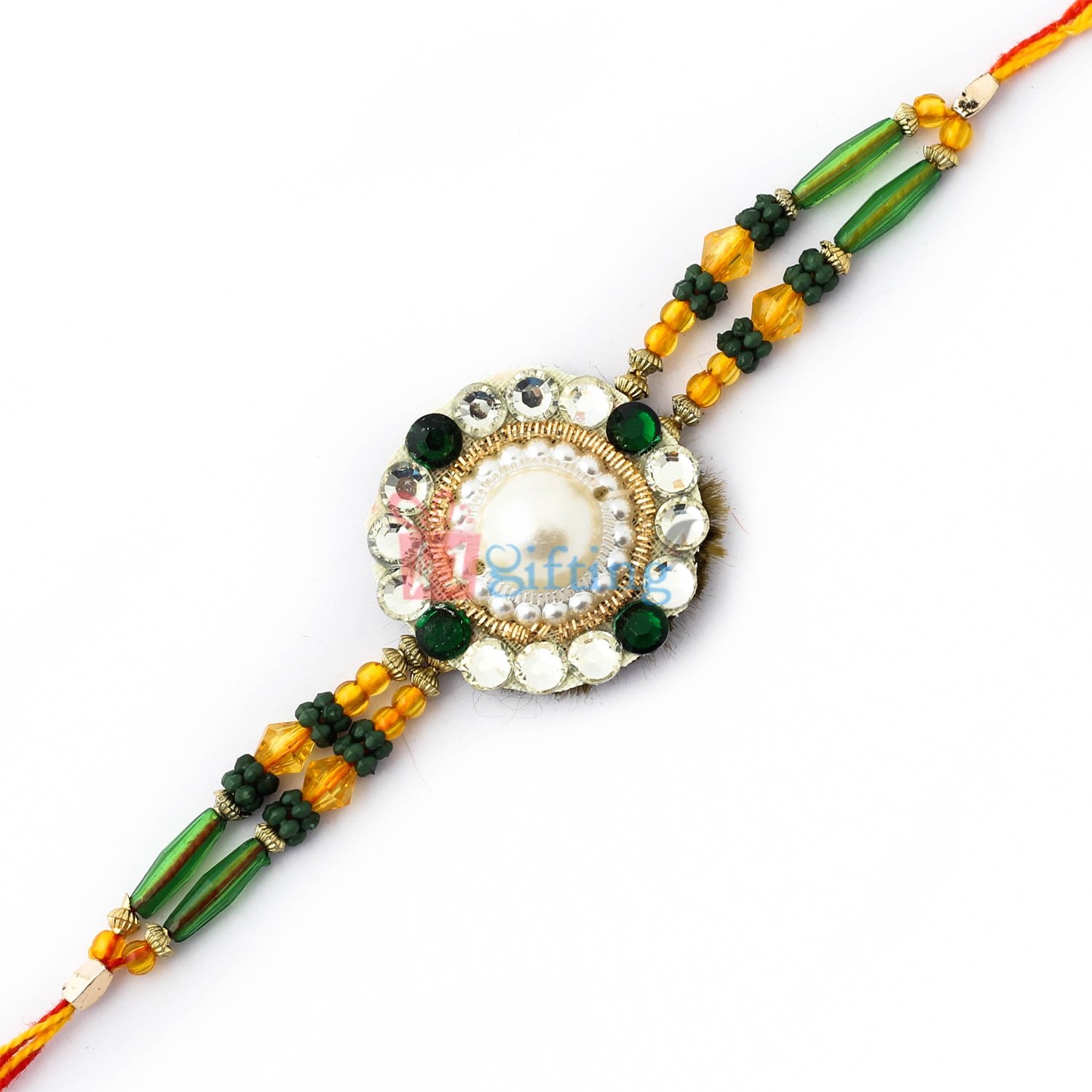 Authentic combination of green and orange beads with pearl Rakhi