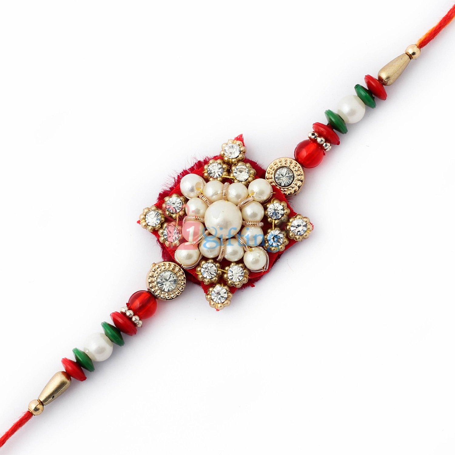 Diamond studded with bunch of pearls in center mauli Rakhi