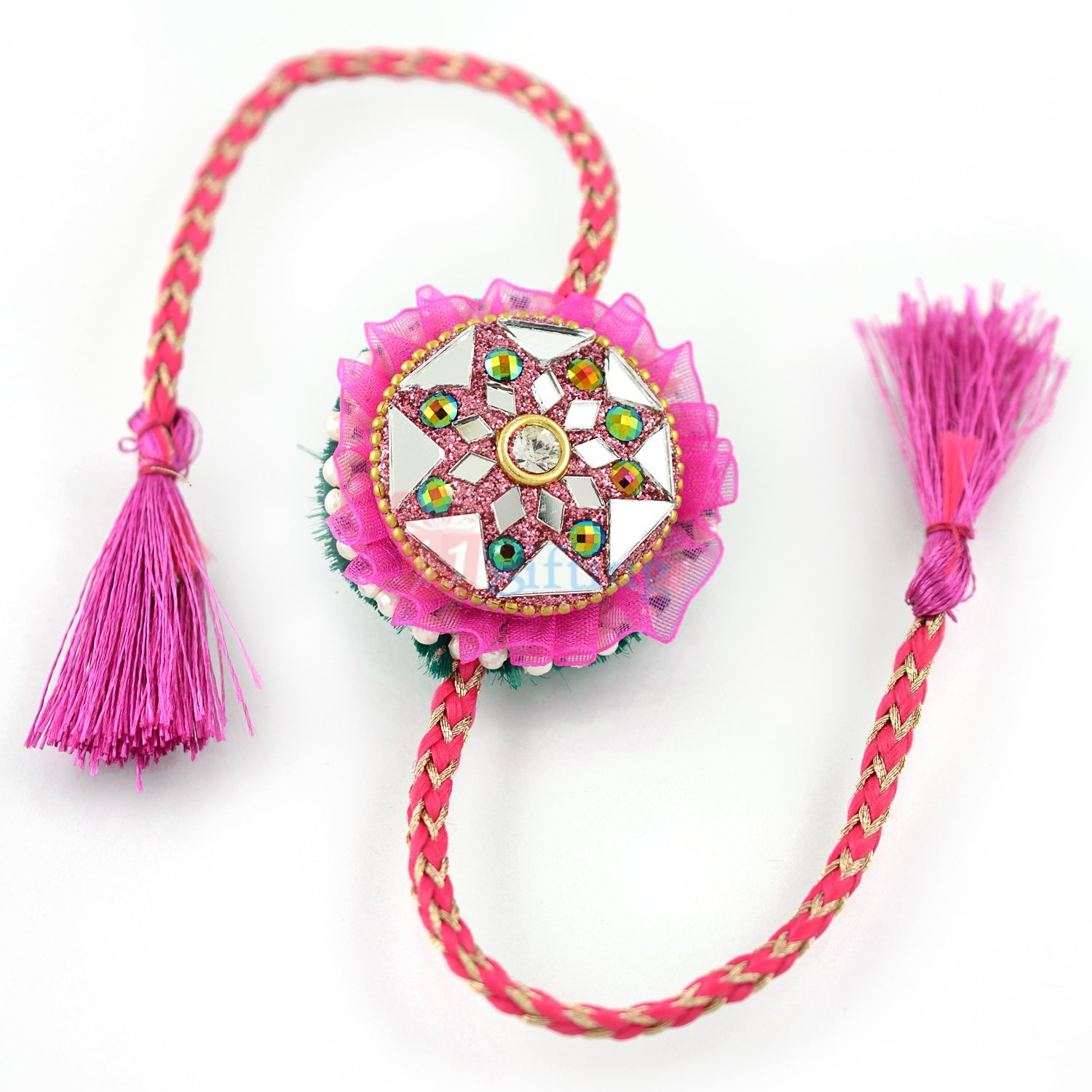 Pearl Lacquer Glass Work Pink Rakhi for Brother