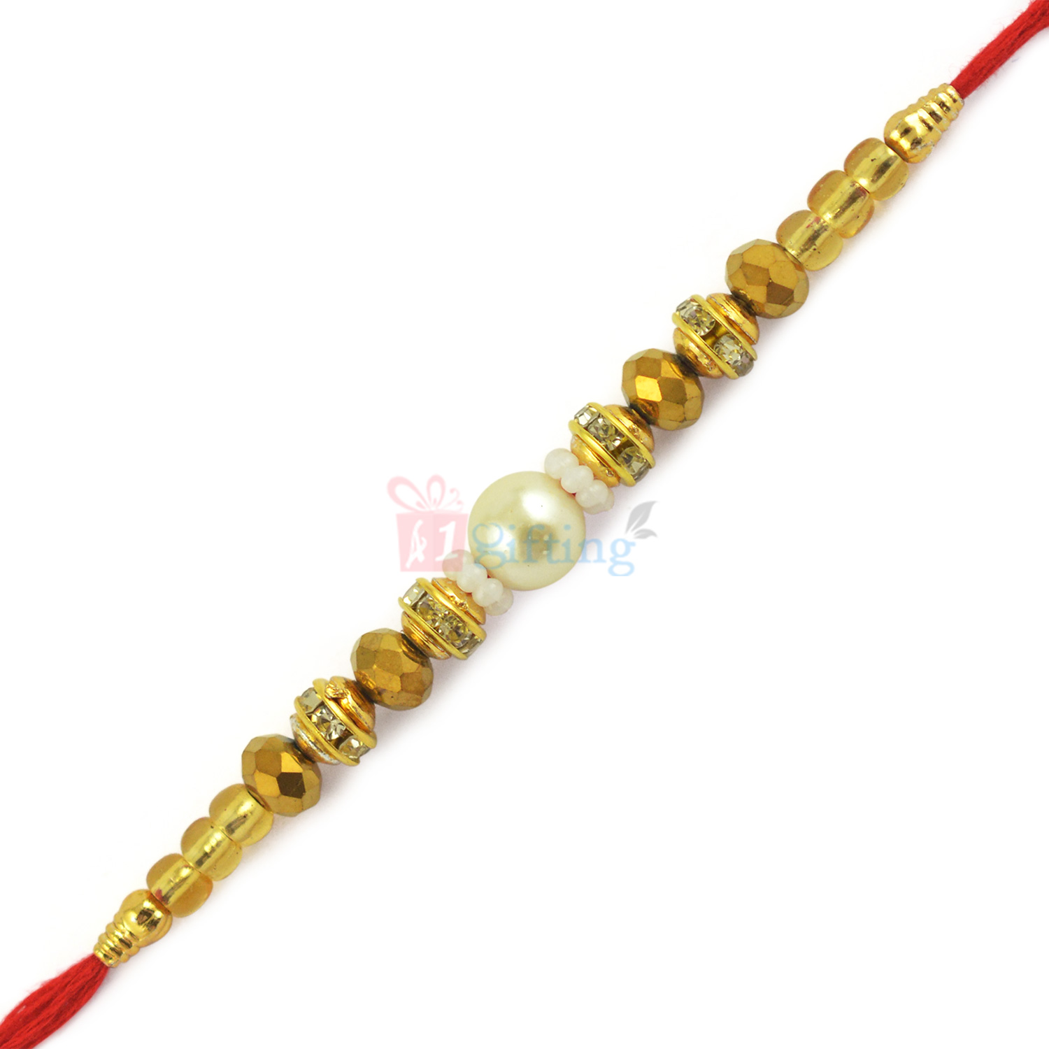 Excellent Golden Bead and Pearl Rakhi