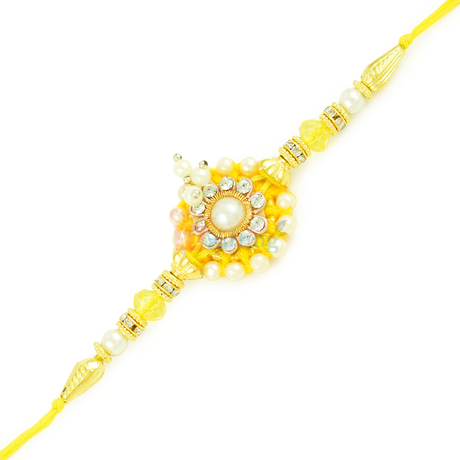 Yellow String Diamond Pearl Beautiful Rakhi