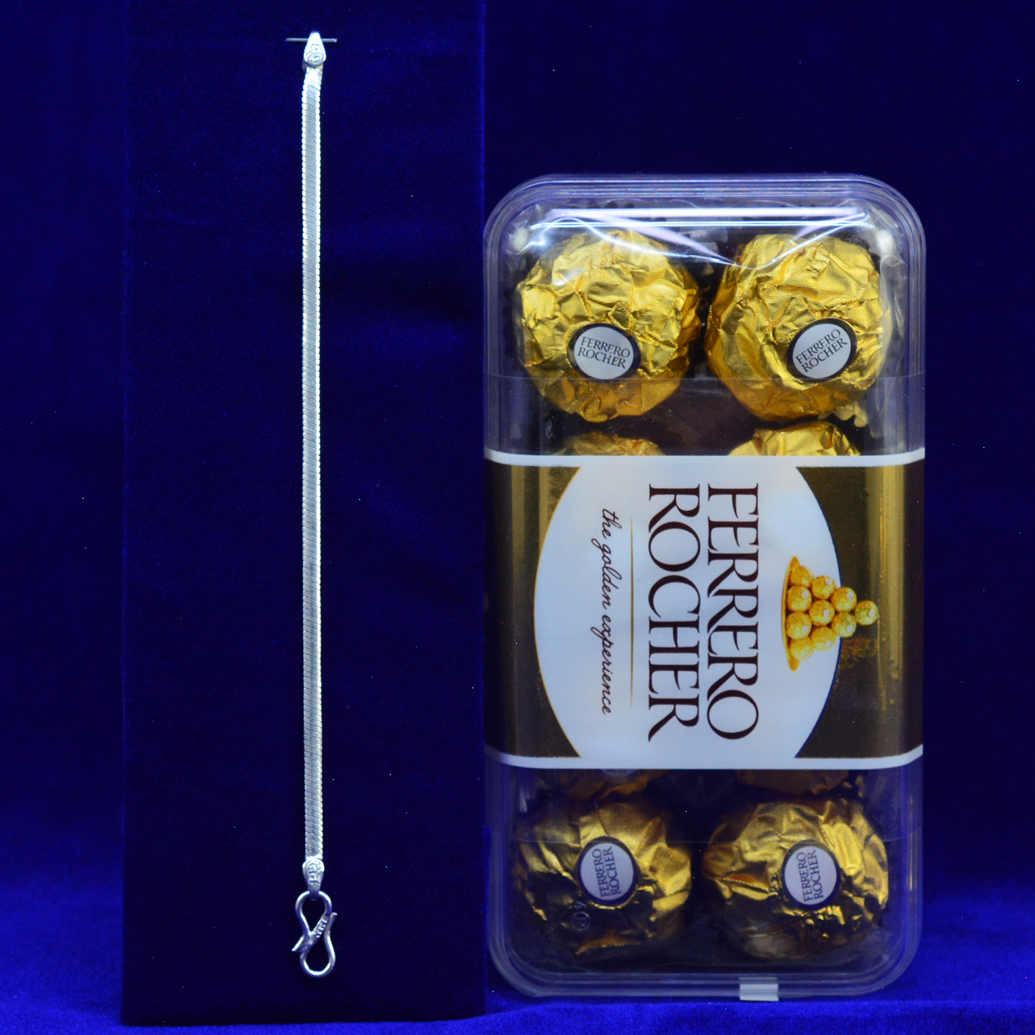 Beautiful Awesome Pure Silver Rakhi for Brother with Ferrero Rocher 16 Pc Chocolate
