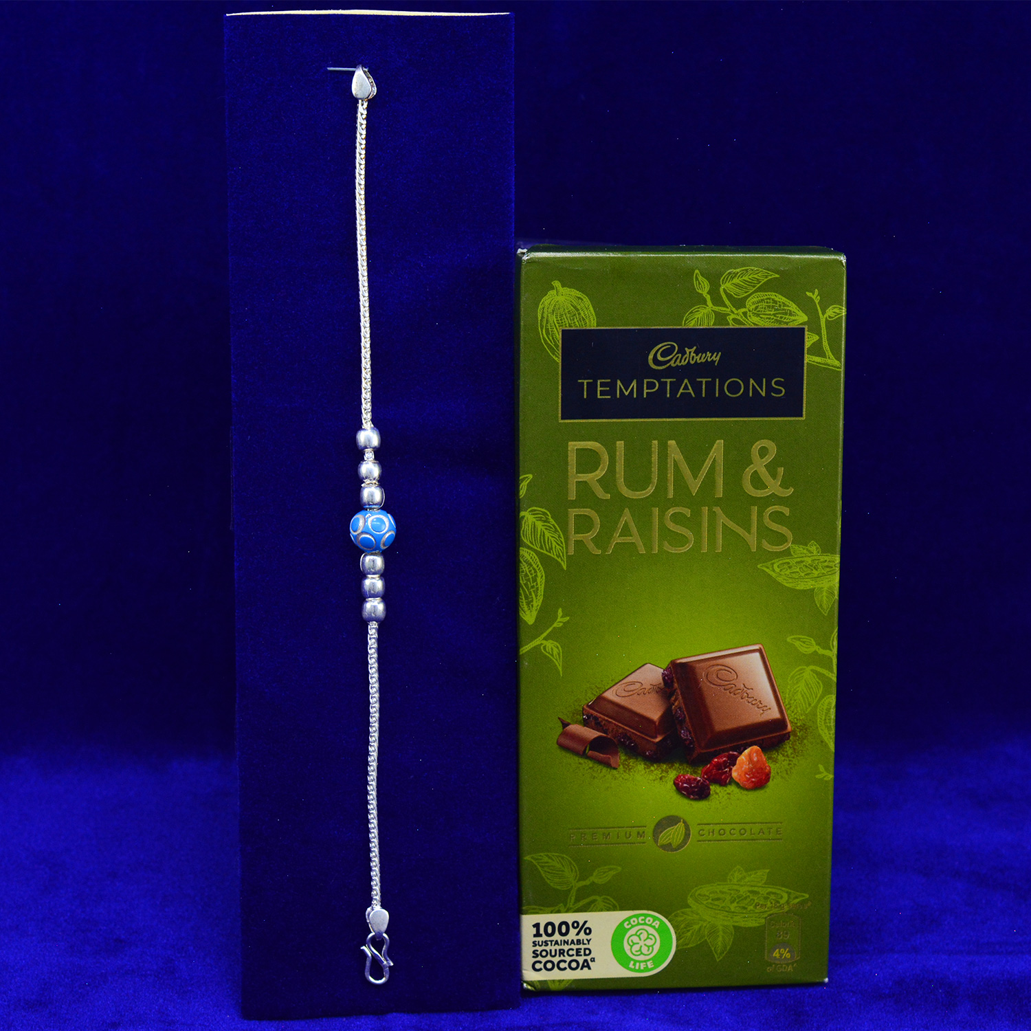 Blue Beads Magnificent Pure Silver Brother Rakhi with Cadbury Temptation Chocolate