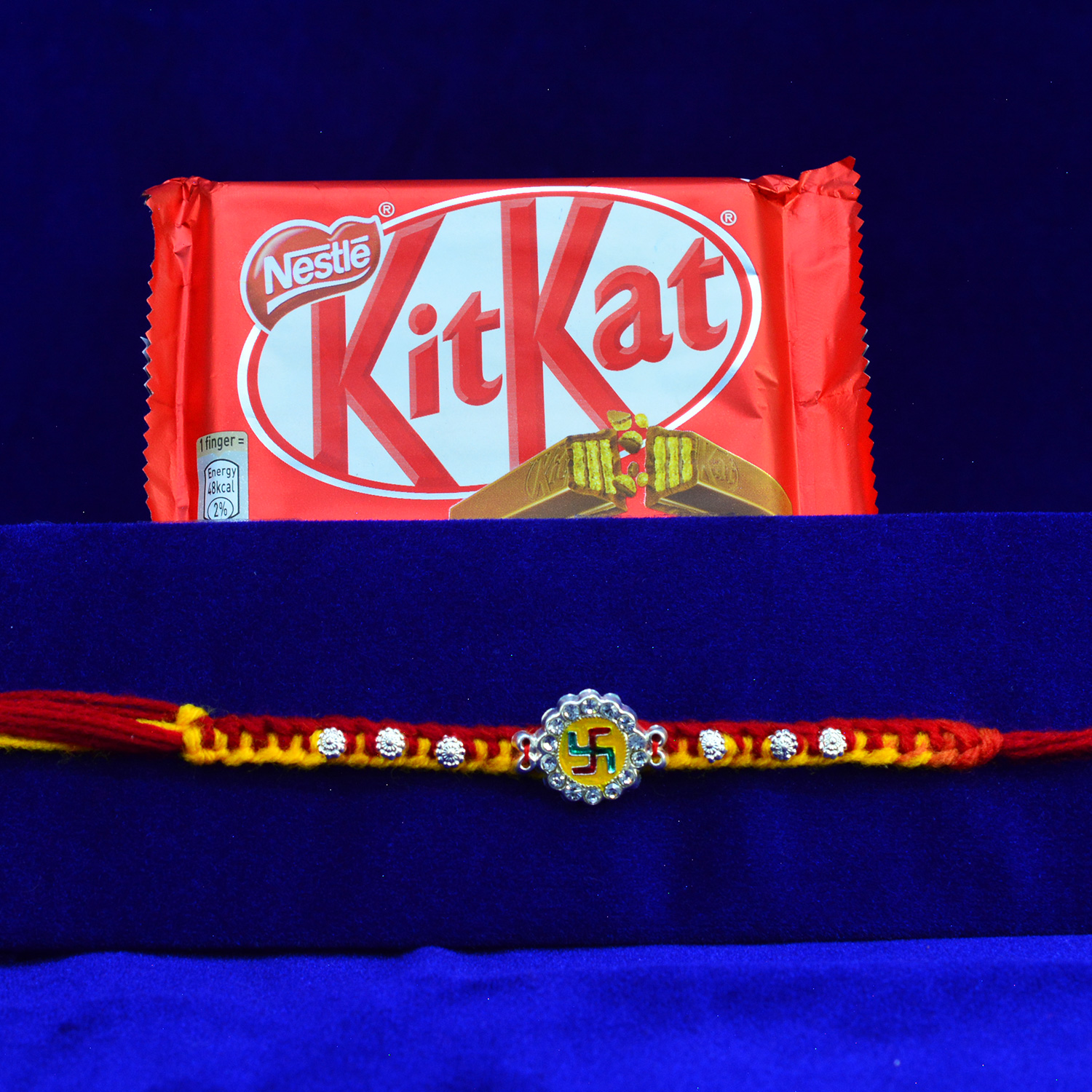 Kitkat Small Chocolate with Swastika Divine Silver Mauli Rakhi