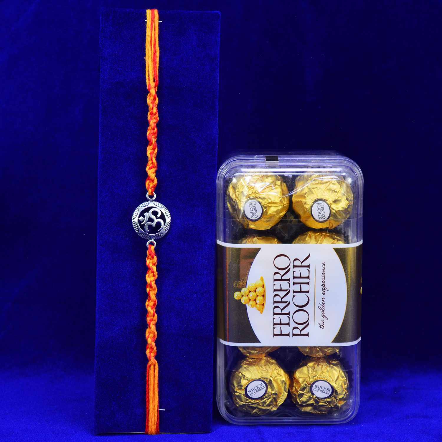 Pure Silver Om Divine Brother Rakhi with 16 Pc Ferrero Rocher Chocolate