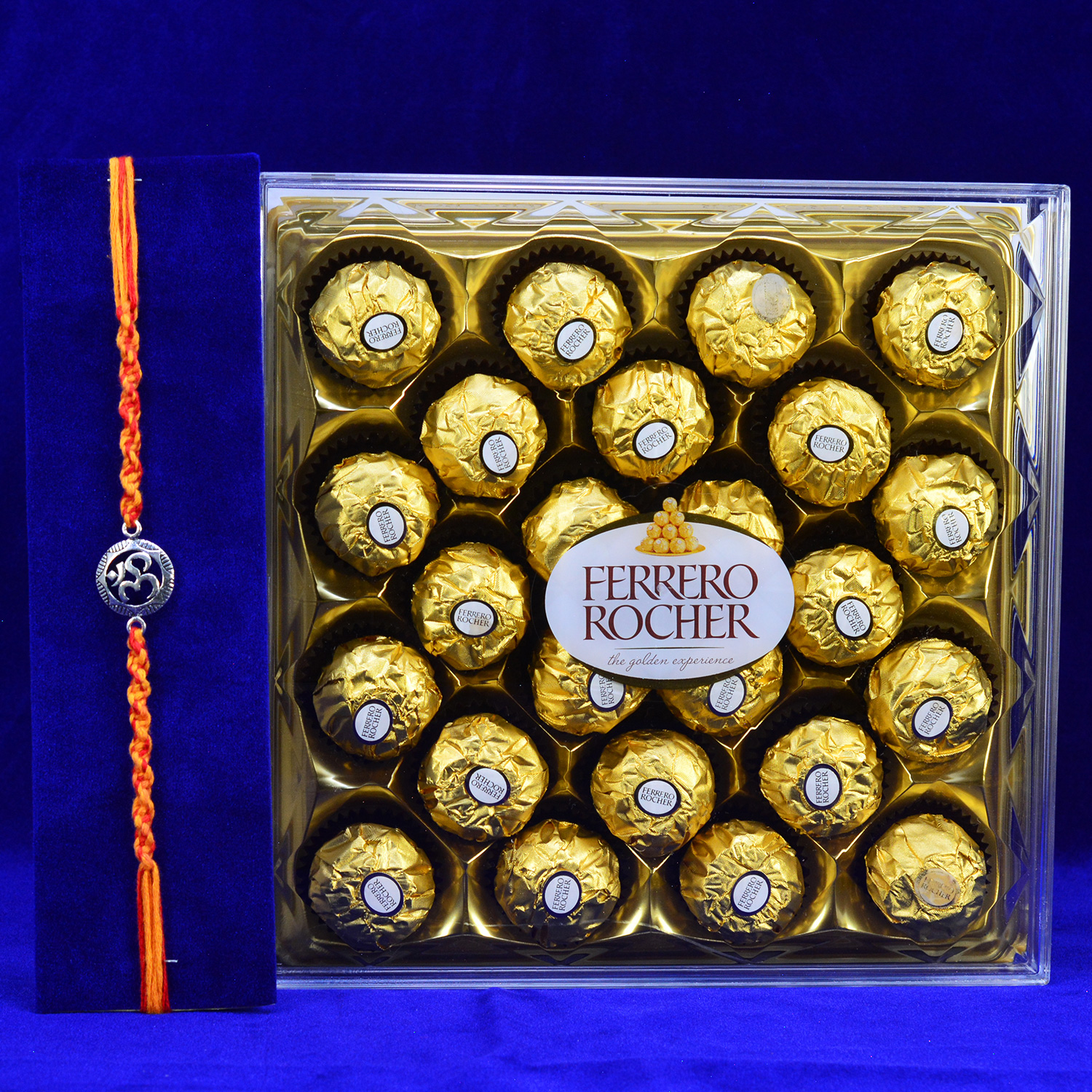 24 Pc Ferrero Rocher Chocolate with Mauli Dori Om Silver Rakhi