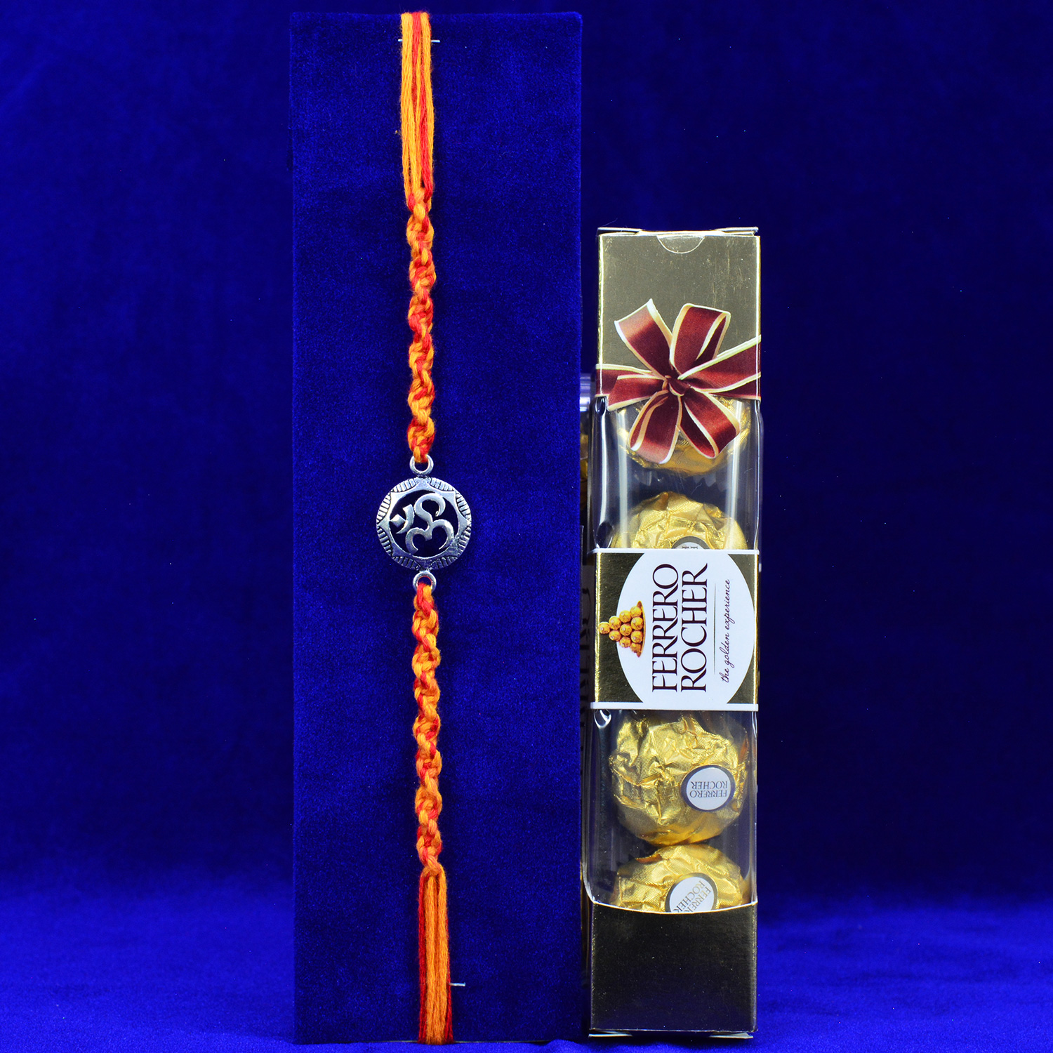 Om Pure Silver Brother Rakhi with Ferrero Rocher Chocolate 4 Pc