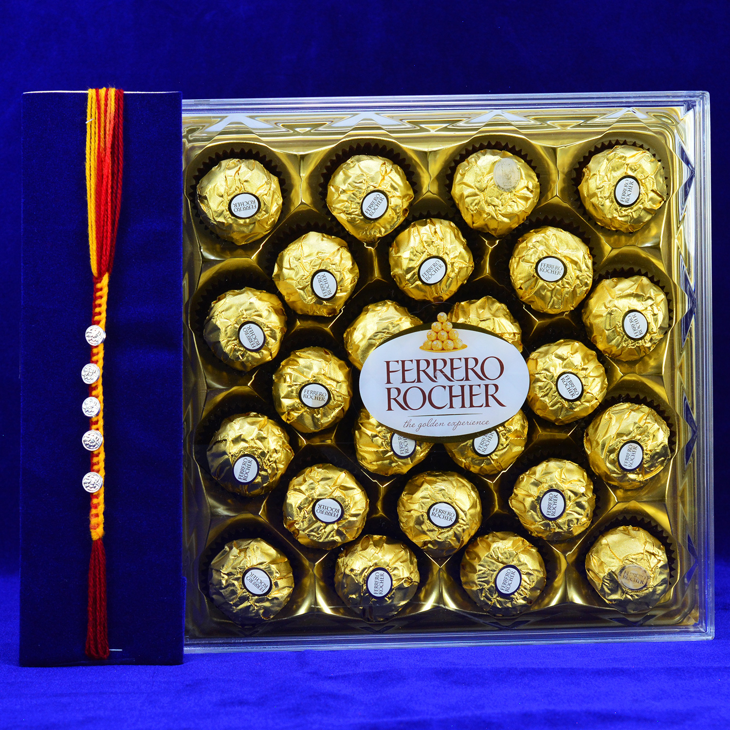 24 Pc Ferrero Rocher Chocolate with Marvelous Looking Pure Silver Rakhi