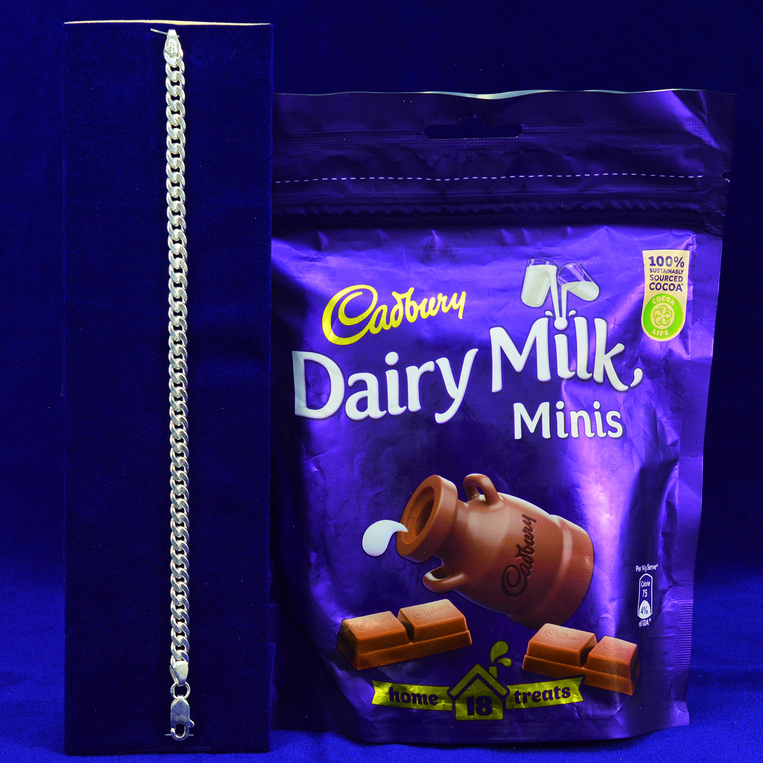 Cadbury Dairy Milk Minis Chocolates Pack with Simple Chain Designer Pure Silver Rakhi