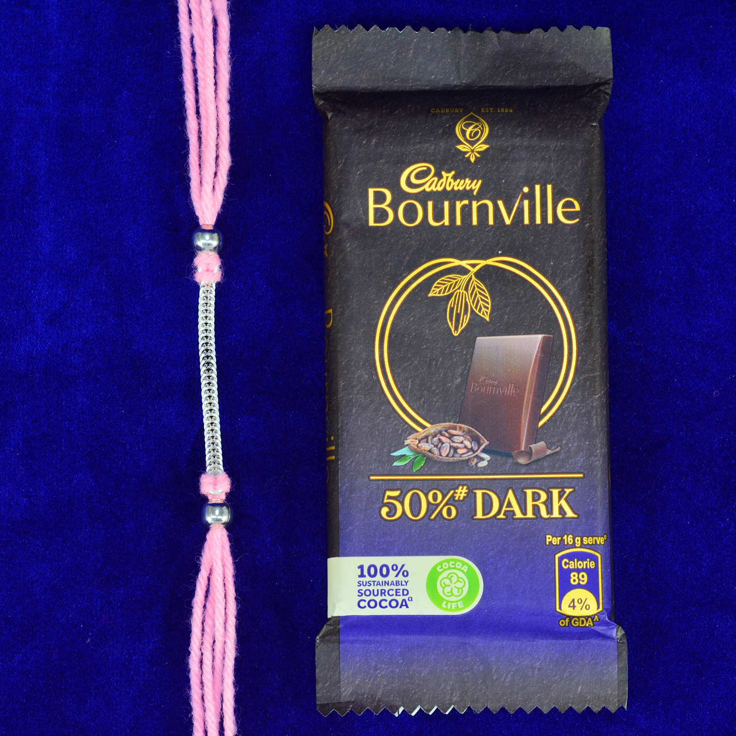 Cadbury Bournville Chocolate with Simple Pink Thread Pure Silver Rakhi