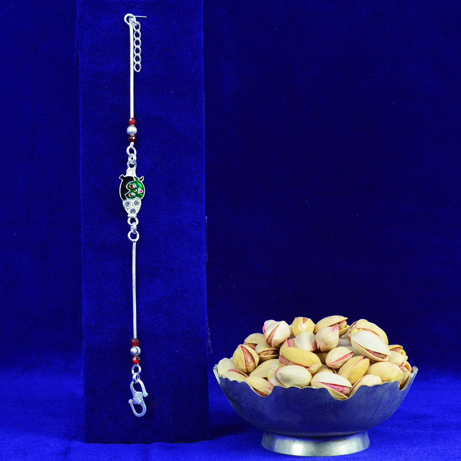 Stunning Looking Pure Silver Brother Rakhi with Pista Dry Fruits 