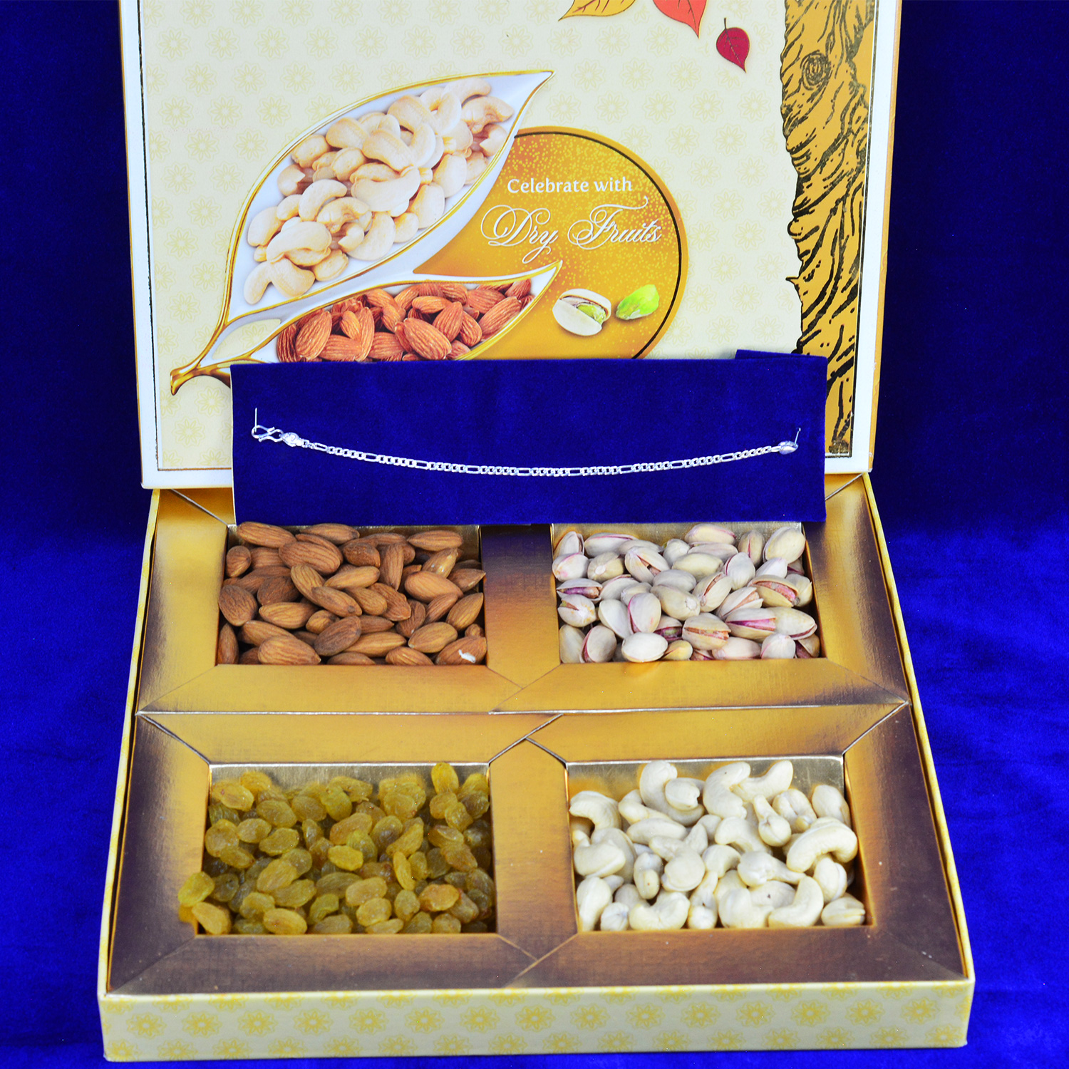 4 Pc Dry Fruits with Simple Looking Pure Silver Rakhi