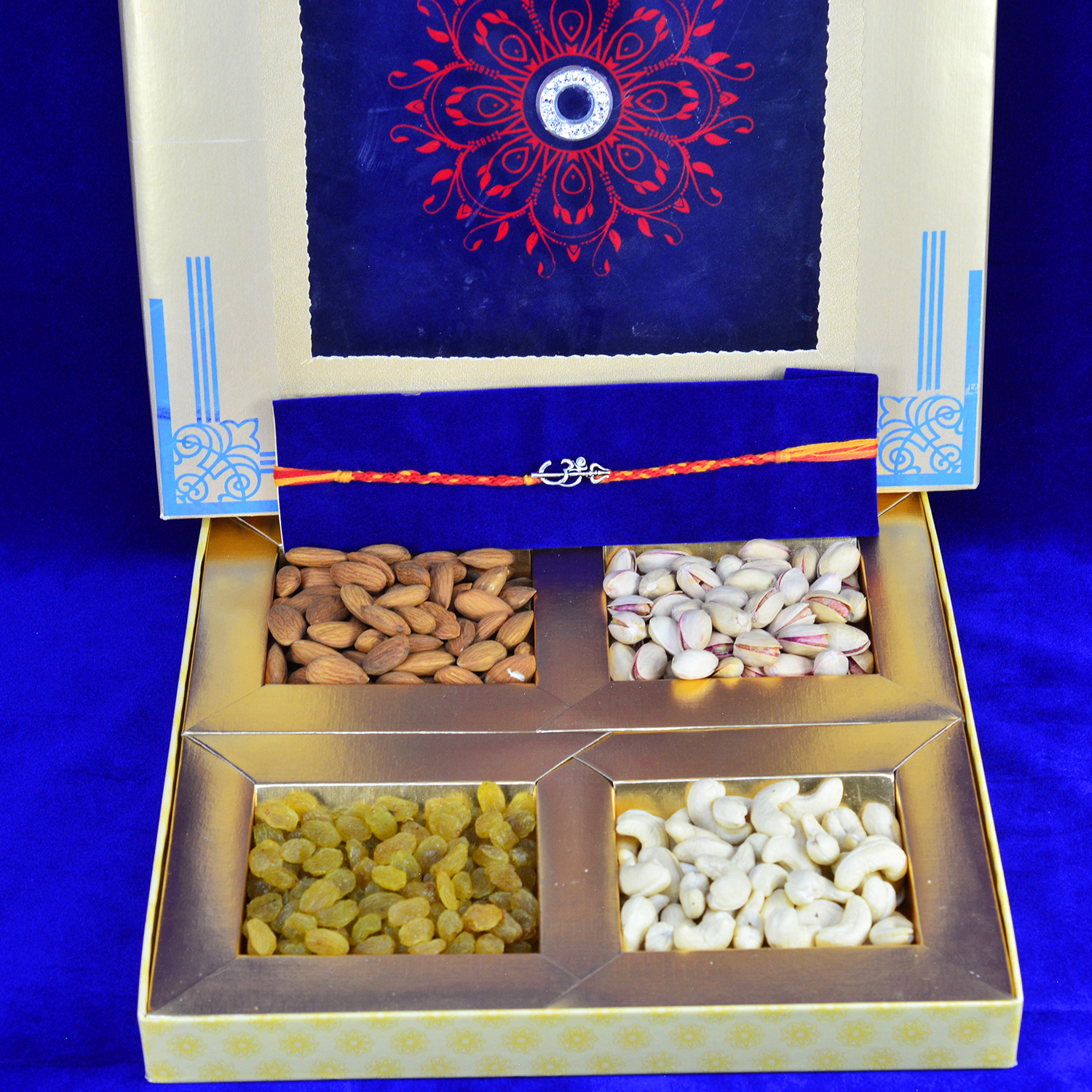 Om Mauli Thread Pure Silver Rakhi with 4 Pack of Fresh Dry Fruits