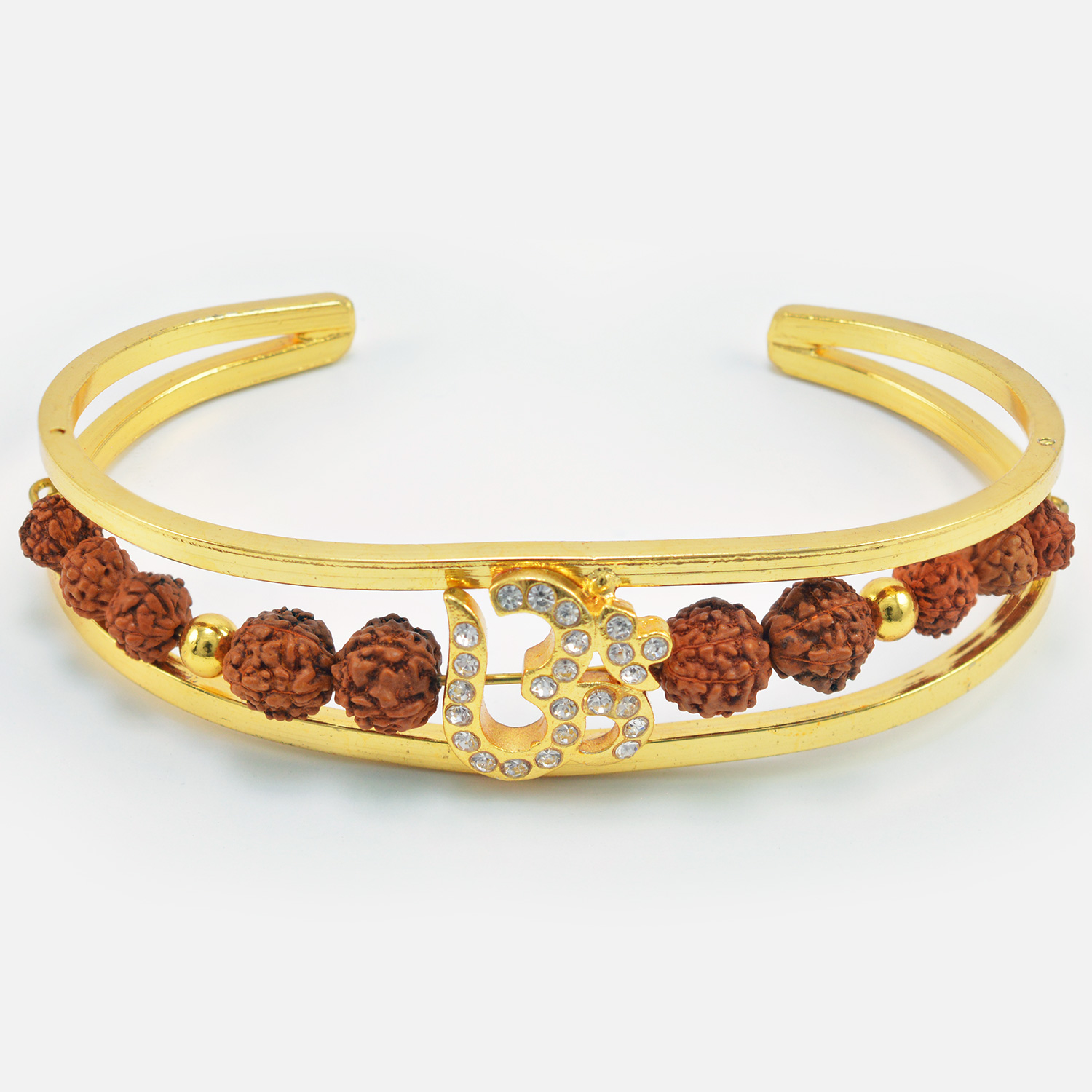 Jewel Studded Holy Rudraksha and Om Golden Color Bracelet Rakhi for Brother 