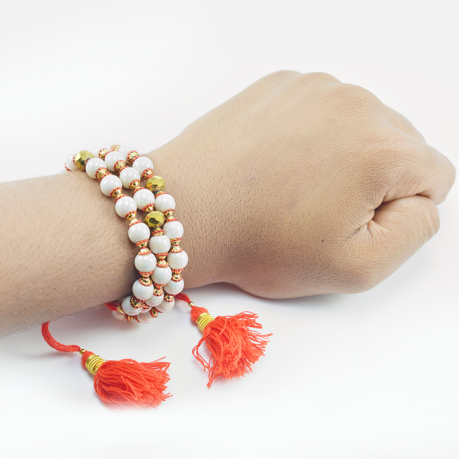 White and Golden Beaded Amazing Looking Rounded Rakhi Bracelet for Brother