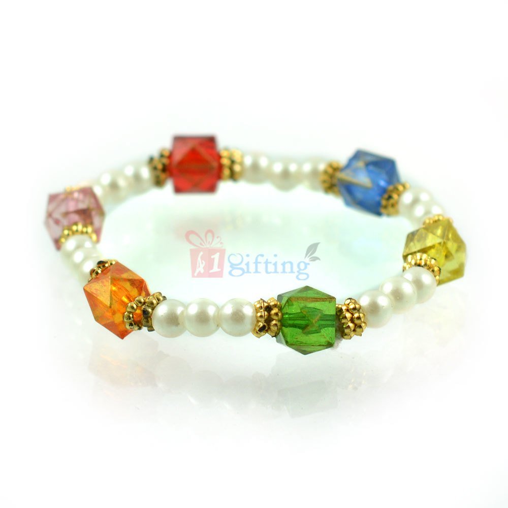 Multicolor Square Transparent Beads and Pearl Rakhi Bracelet