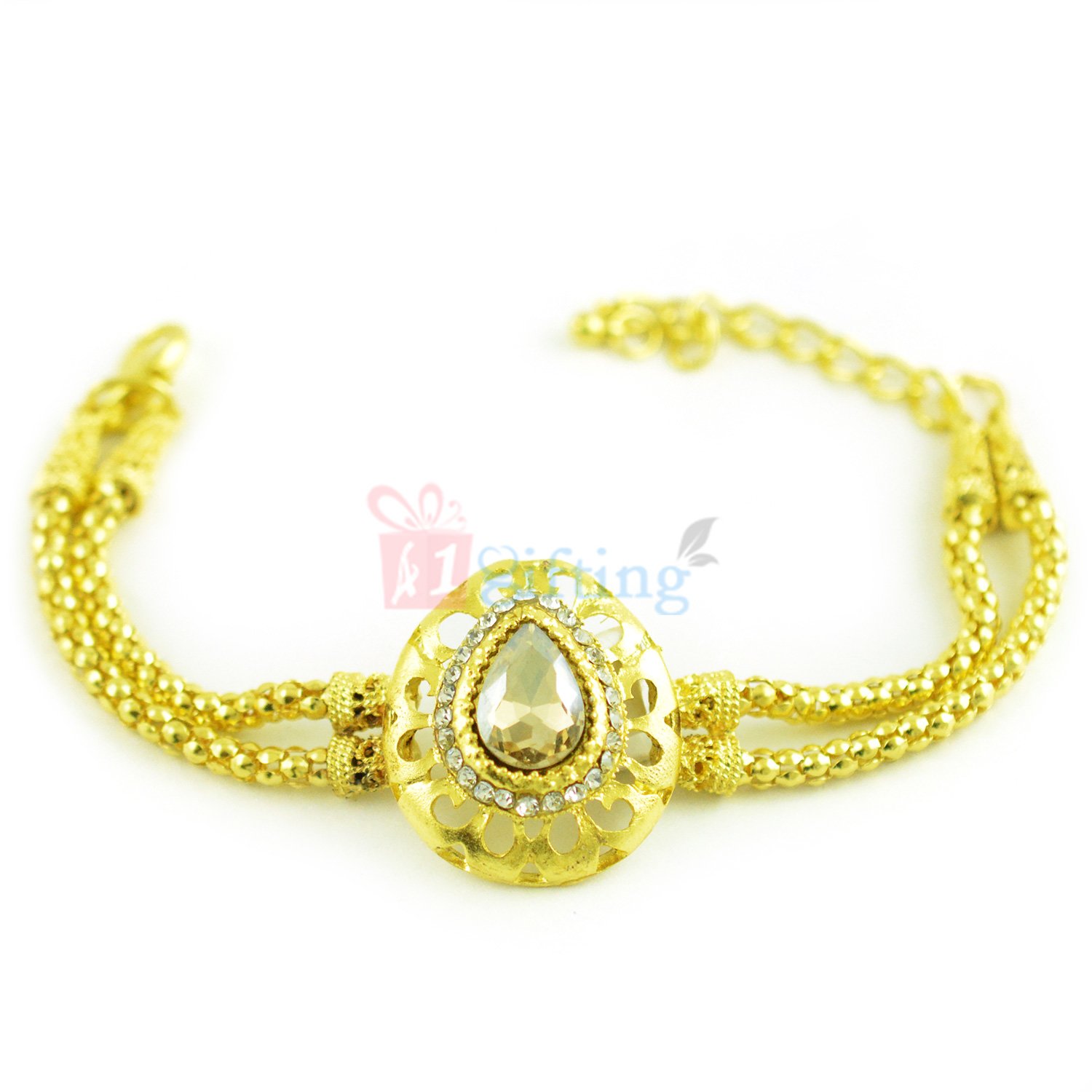 Golden Rakhi Bracelet with Kundan Diamond Dial Rope Chain