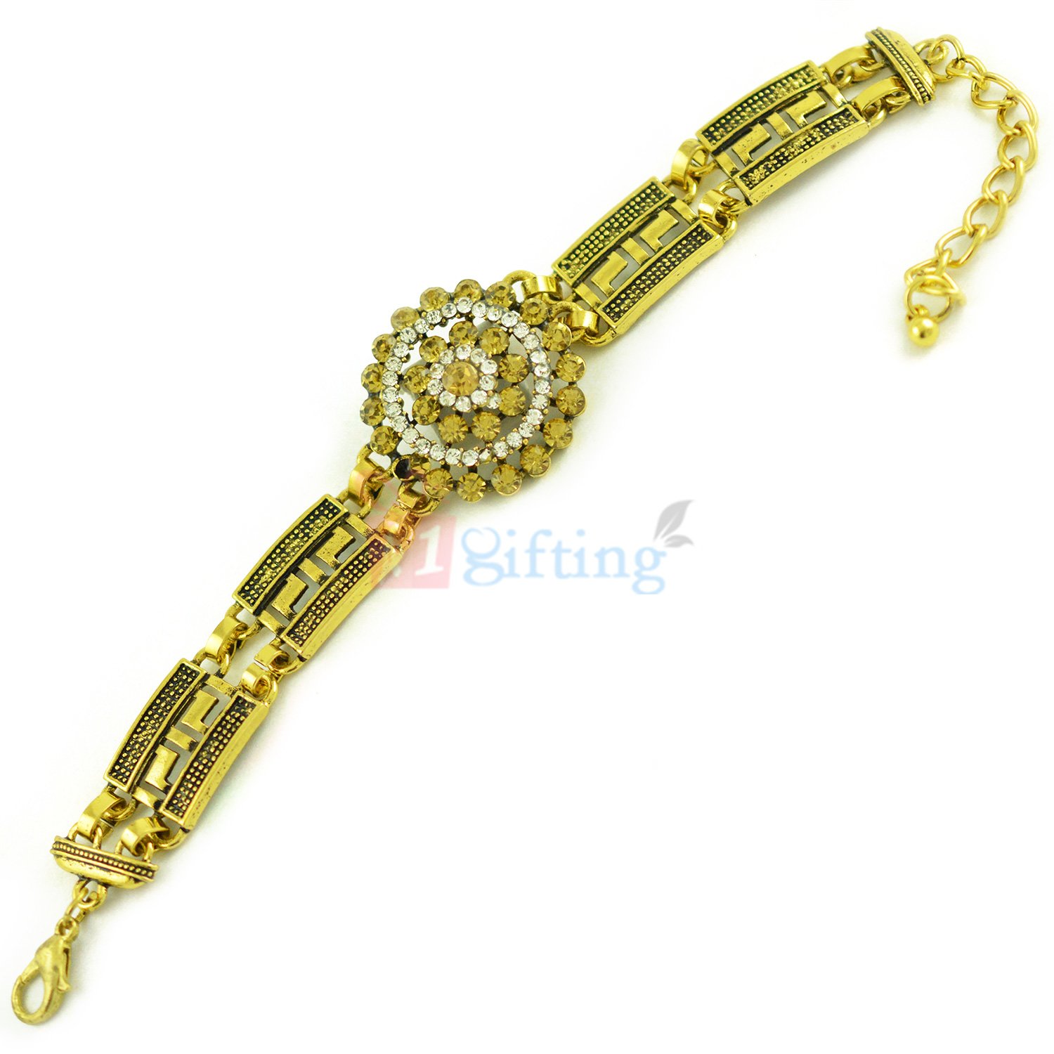 Antique Gloden Diamond Floral Rakhi Bracelet
