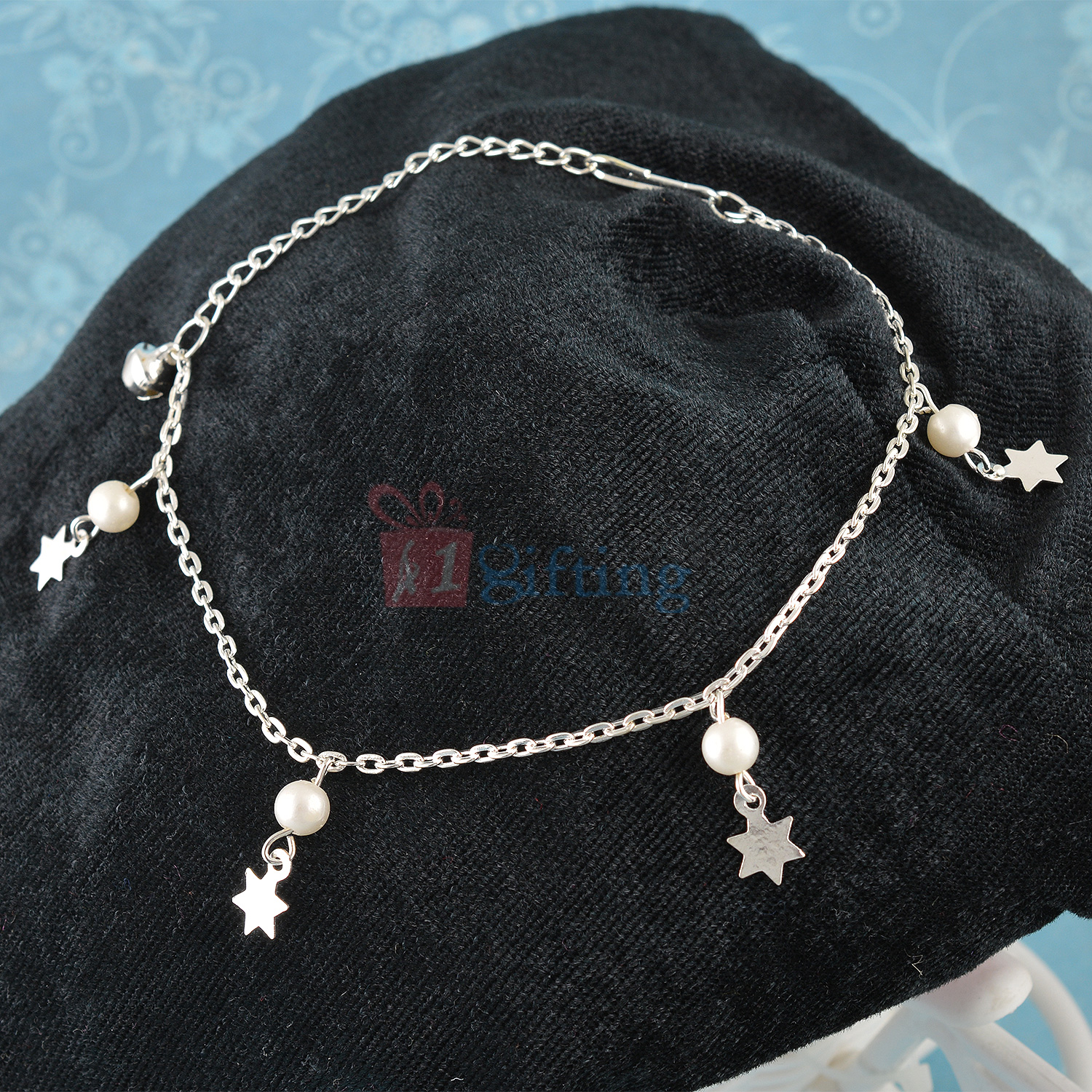 Silver Bracelet with Pearl and Star Ghunghuru with Chain