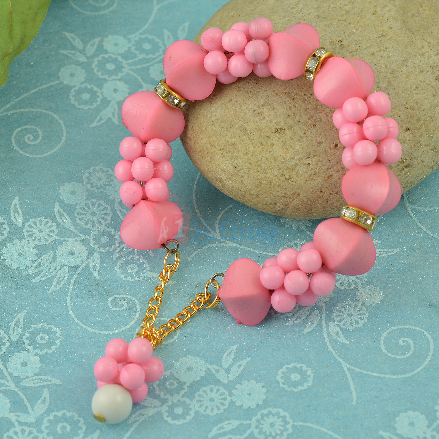 Pink Colored Group Beads Diamond Bracelet