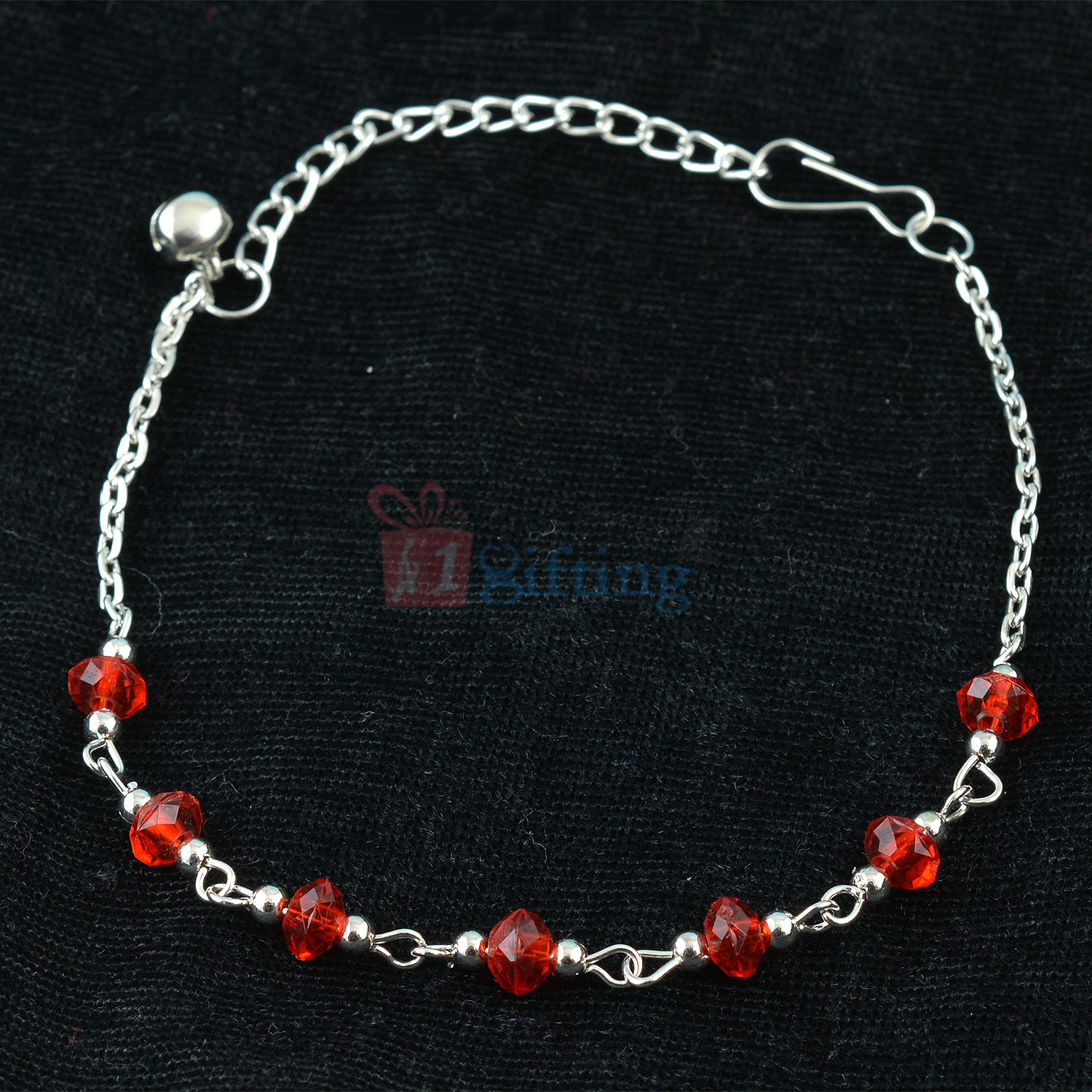Red Translucent Bead work Silver Chain Bracelet