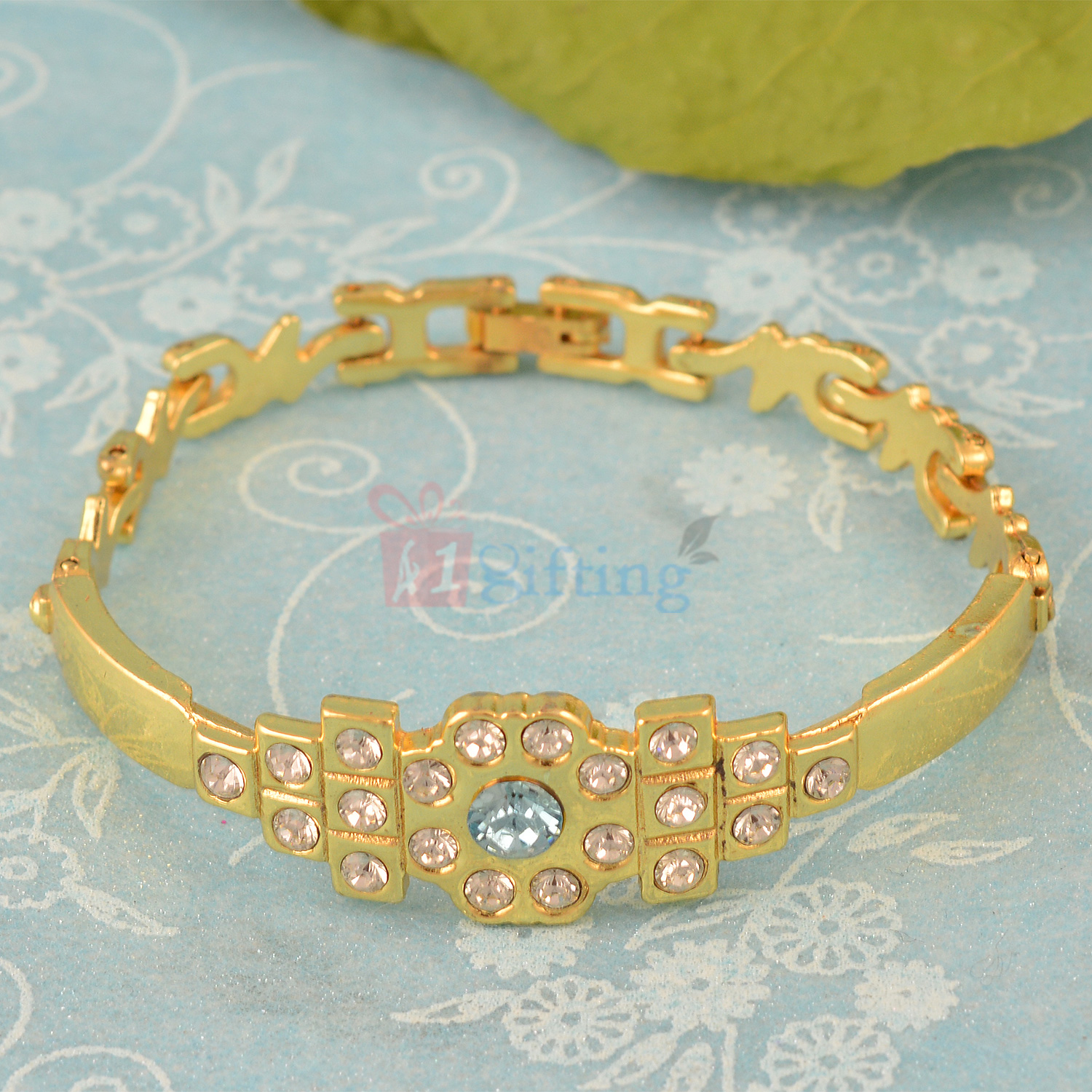 Golden Charm Bangle Bracelet with Stair Pattern and Diamonds